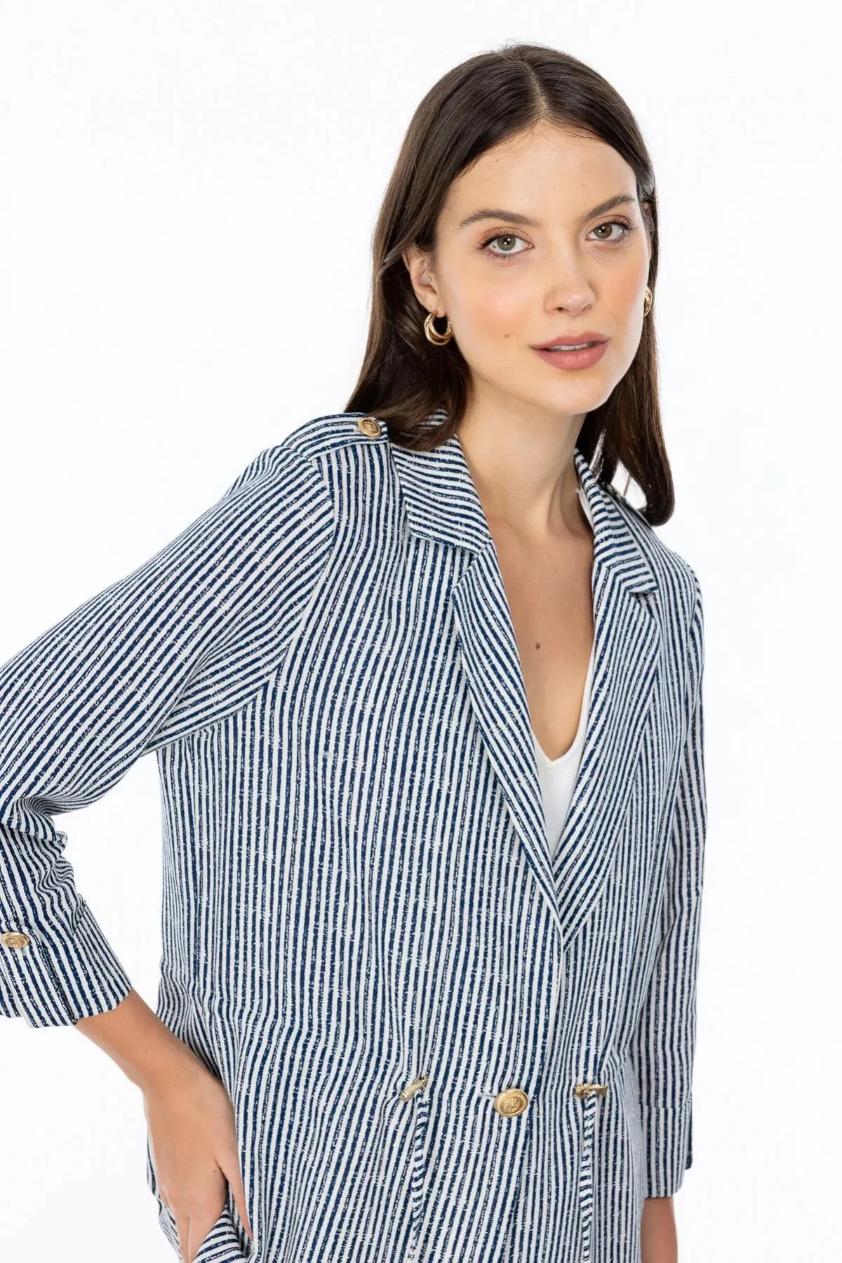 Self-Striped Waist Tie Buttoned Jacket
