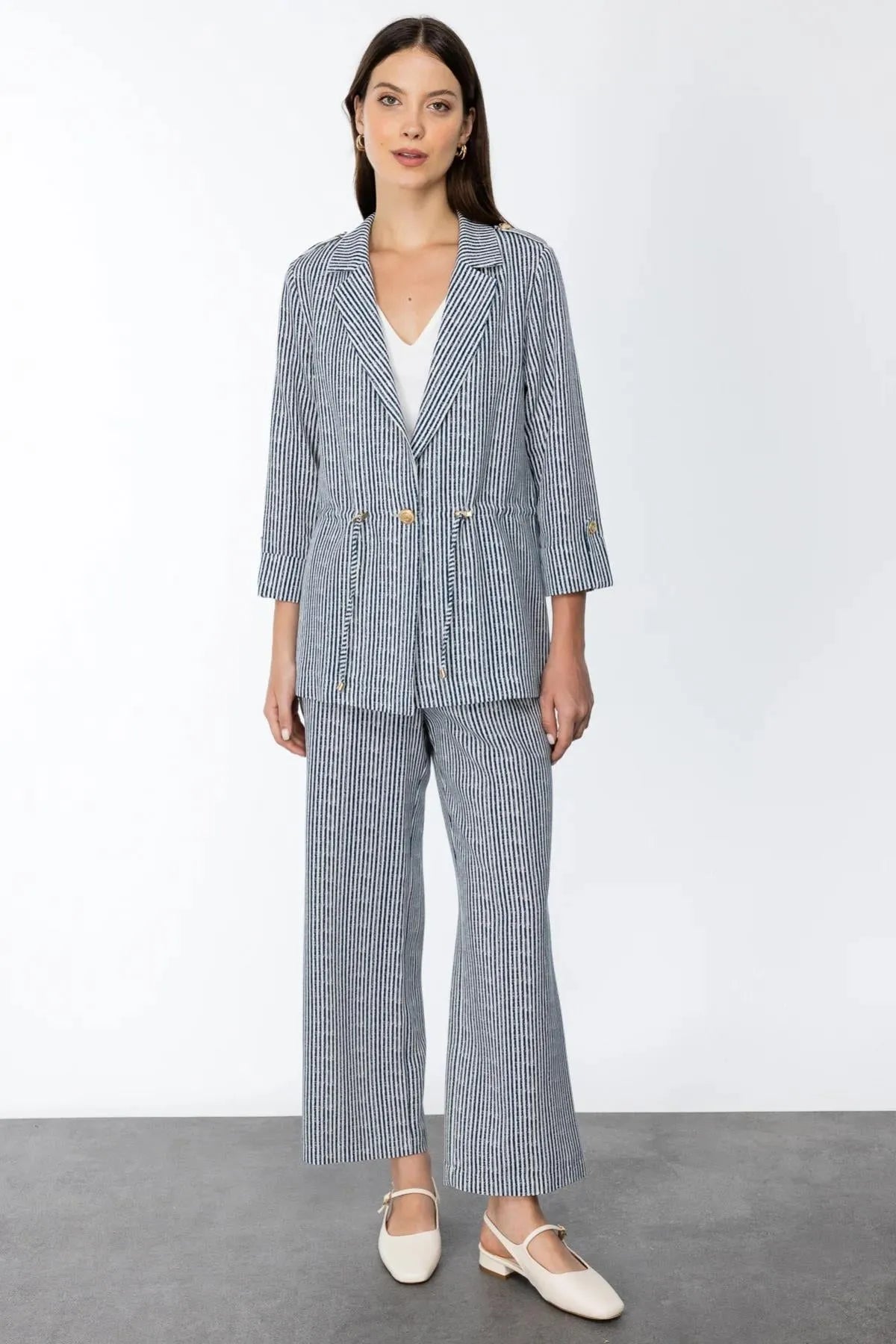 Self-Striped Waist Tie Buttoned Jacket