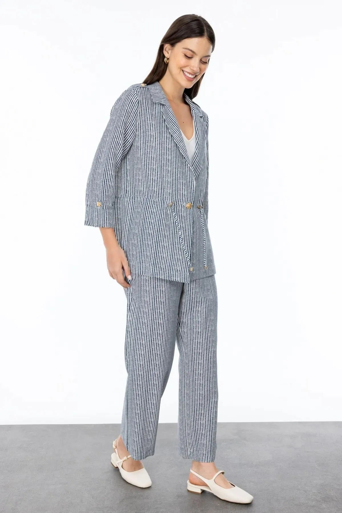 Self-Striped Waist Tie Buttoned Jacket