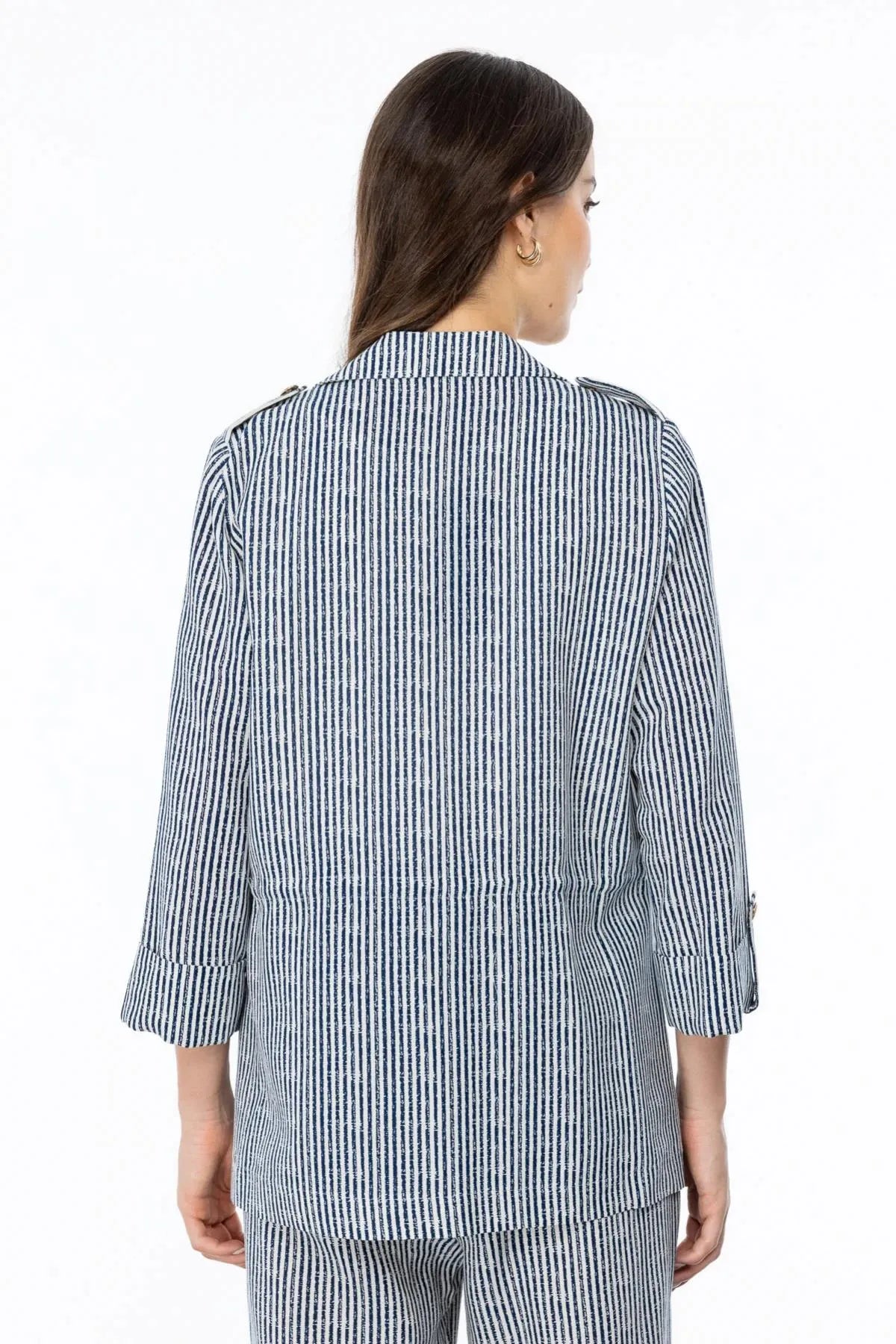 Self-Striped Waist Tie Buttoned Jacket