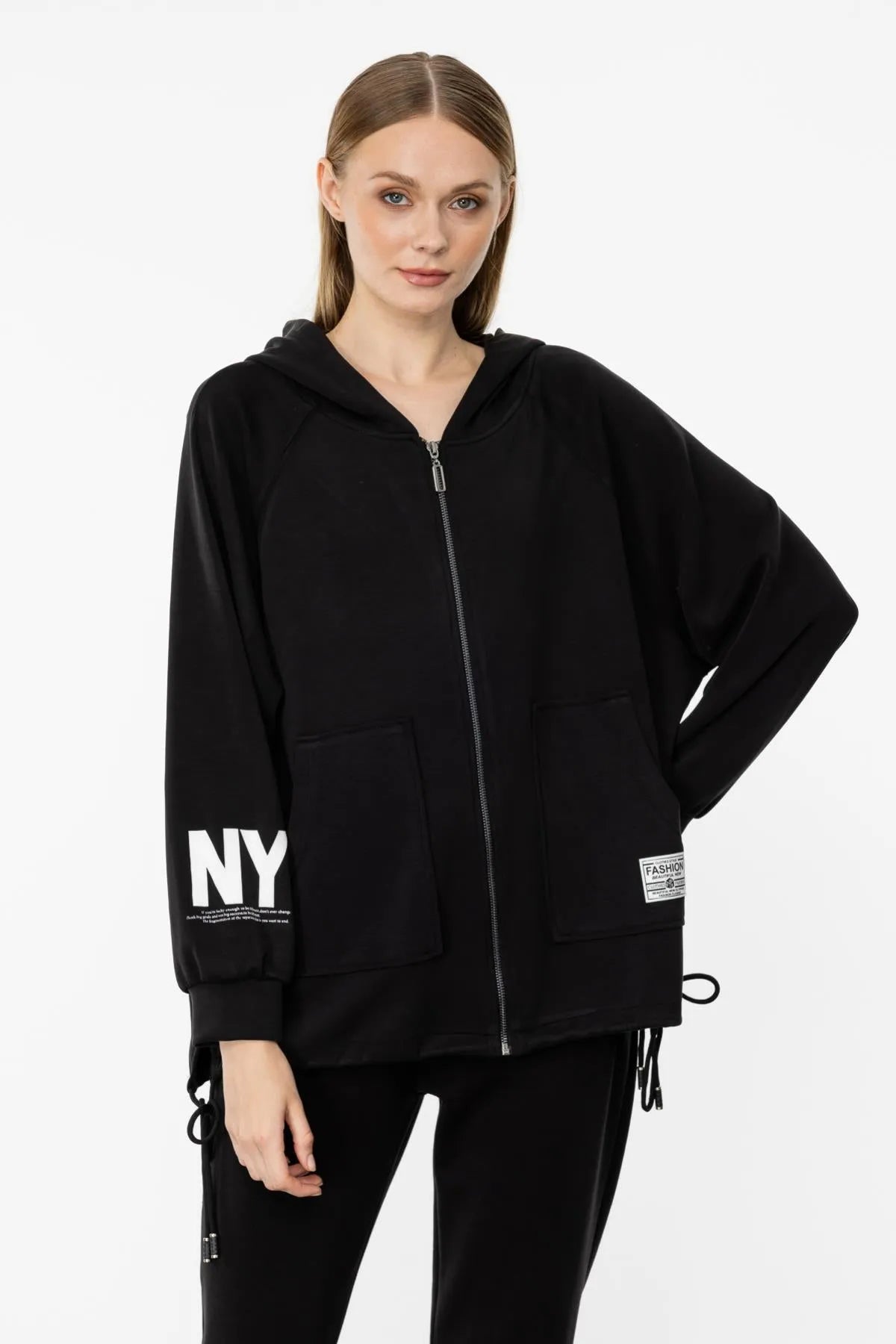 Baskı Yazı Detaylı Kapüşonlı Fermuarlı Sweat