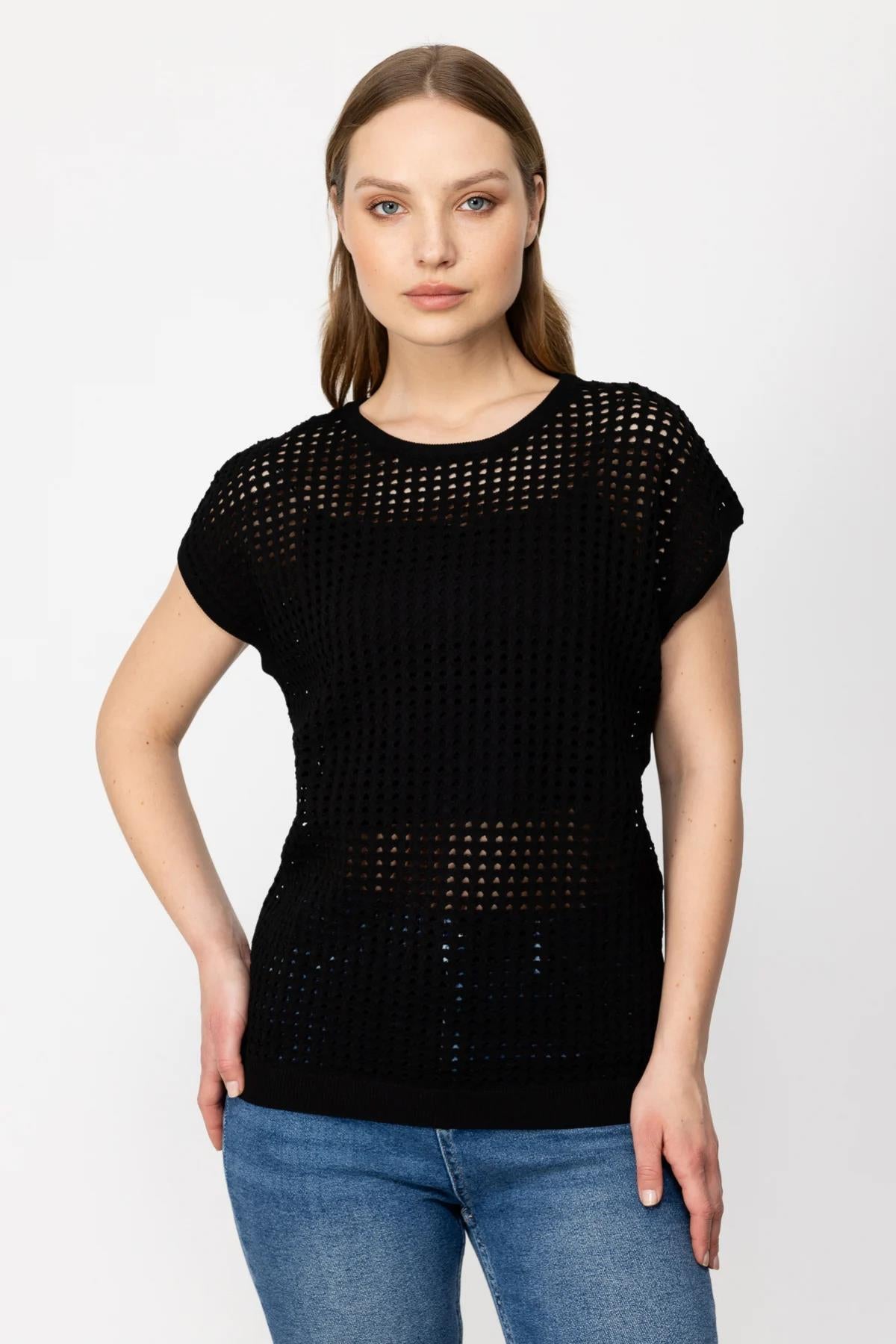 Fishnet Knitted Short Sleeve Knitwear Blouse