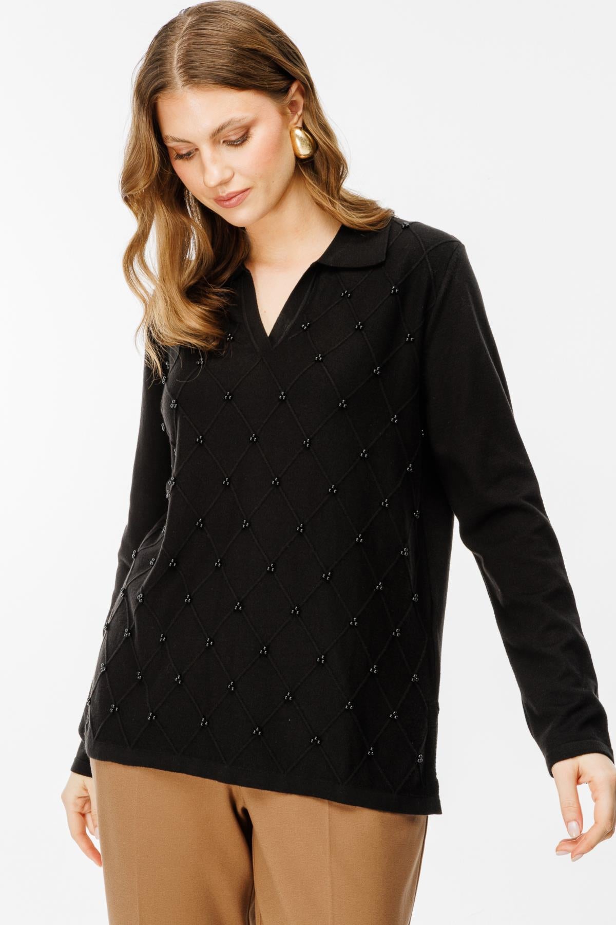 Polo Collar Diamond Patterned Plus Size Knitwear Sweater