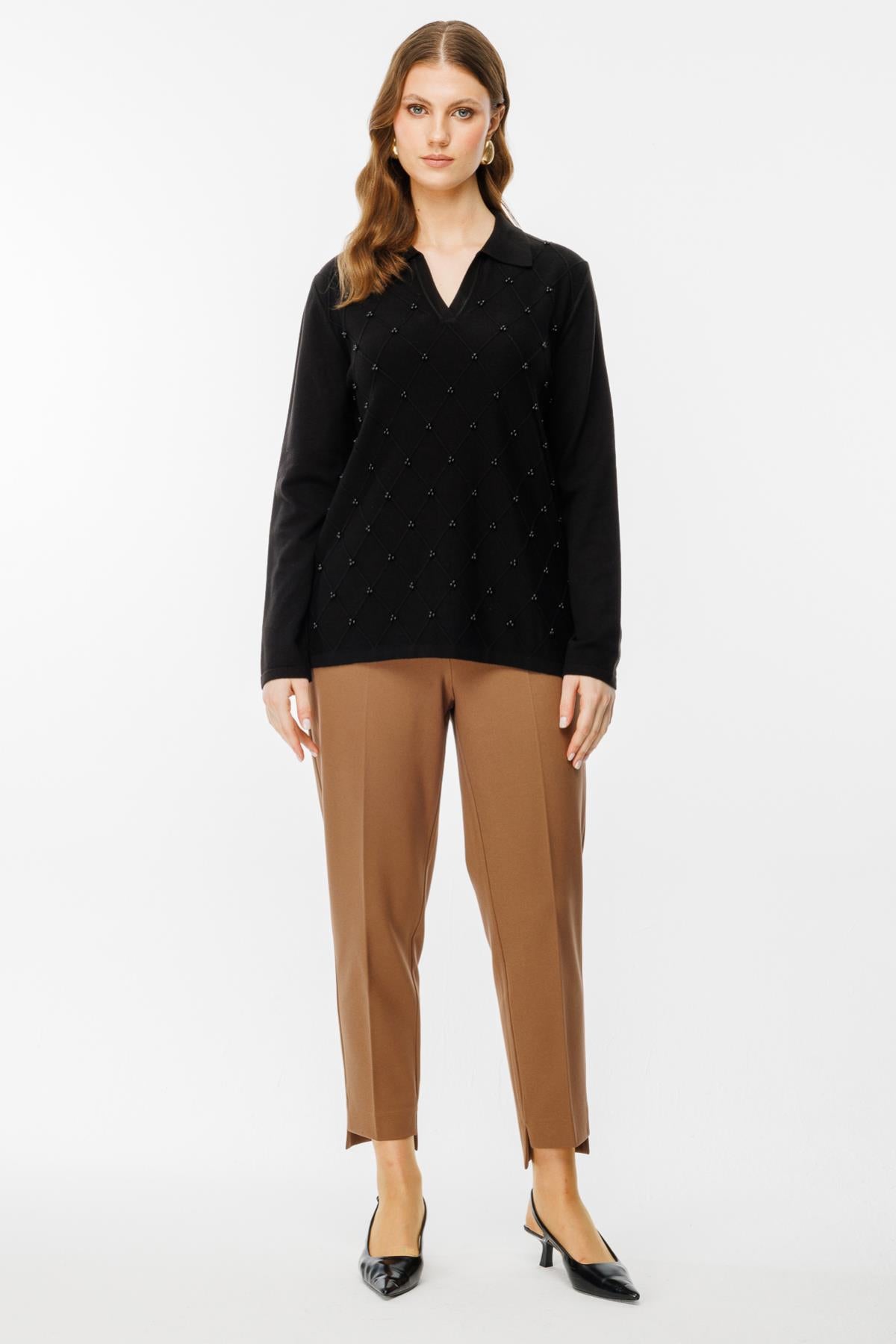 Polo Collar Diamond Patterned Plus Size Knitwear Sweater