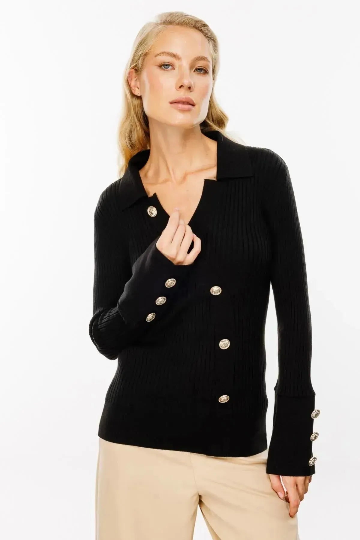 Button Detailed Ribbed Knit Sweater
