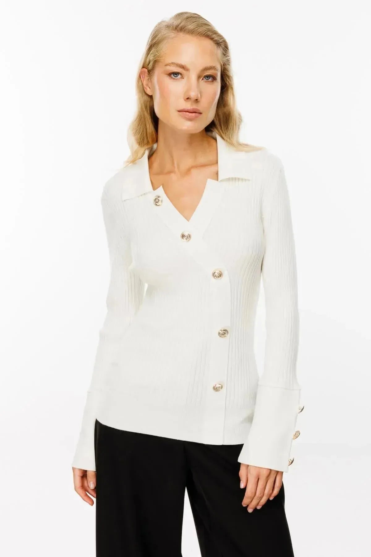 Button Detailed Ribbed Knit Sweater