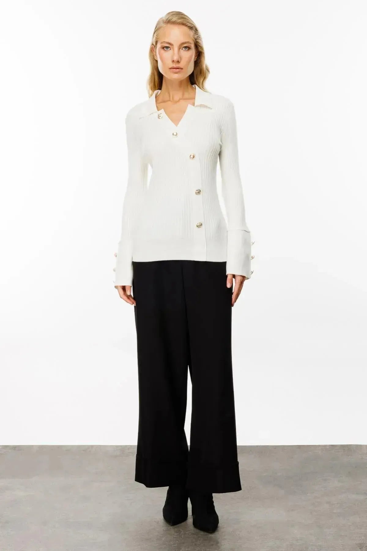 Button Detailed Ribbed Knit Sweater