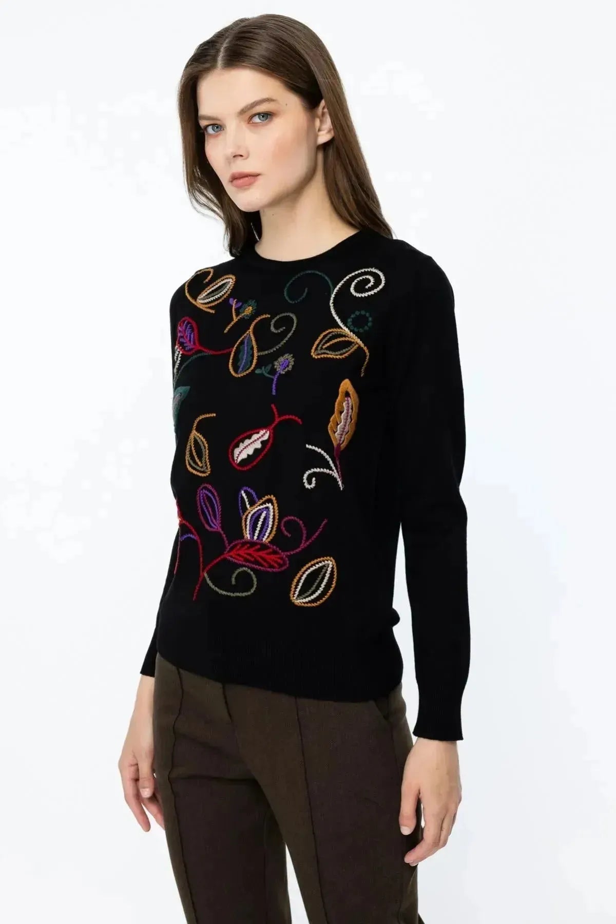 Knitted Sweater with Colorful Embroidery on the Front