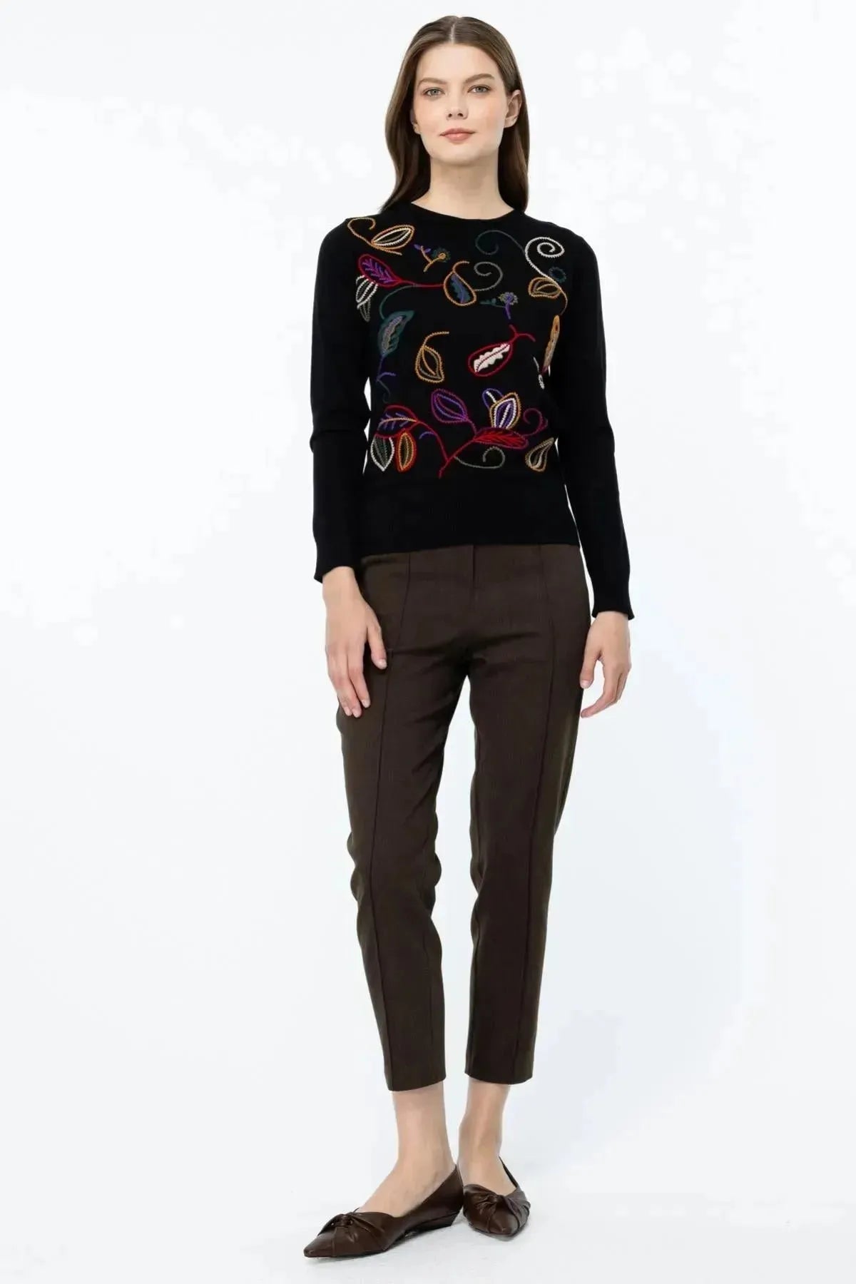 Knitted Sweater with Colorful Embroidery on the Front