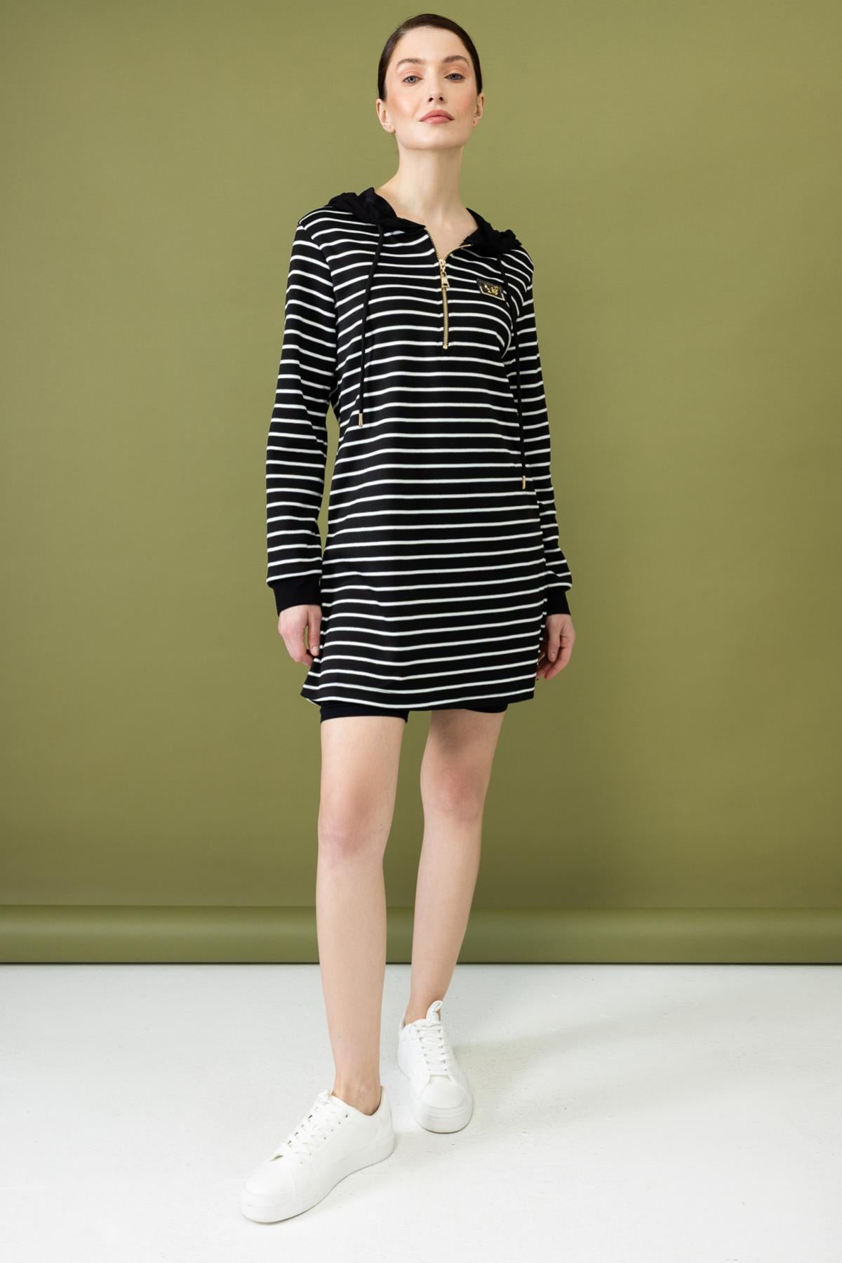 Striped Tunic with Collar Zipper Detail