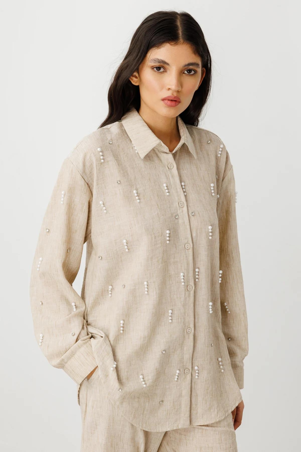 Önü İncili Oversize Gömlek