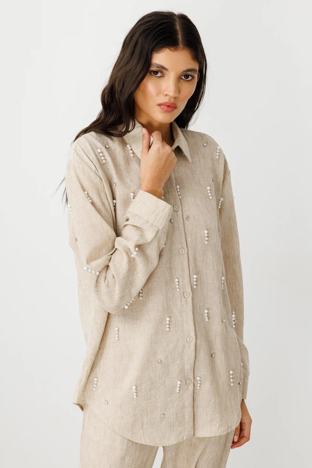 Önü İncili Oversize Gömlek