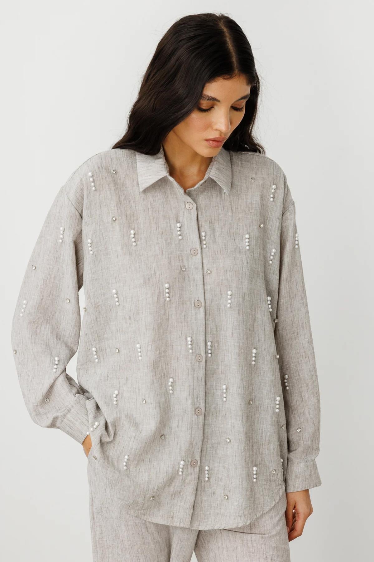 Önü İncili Oversize Gömlek