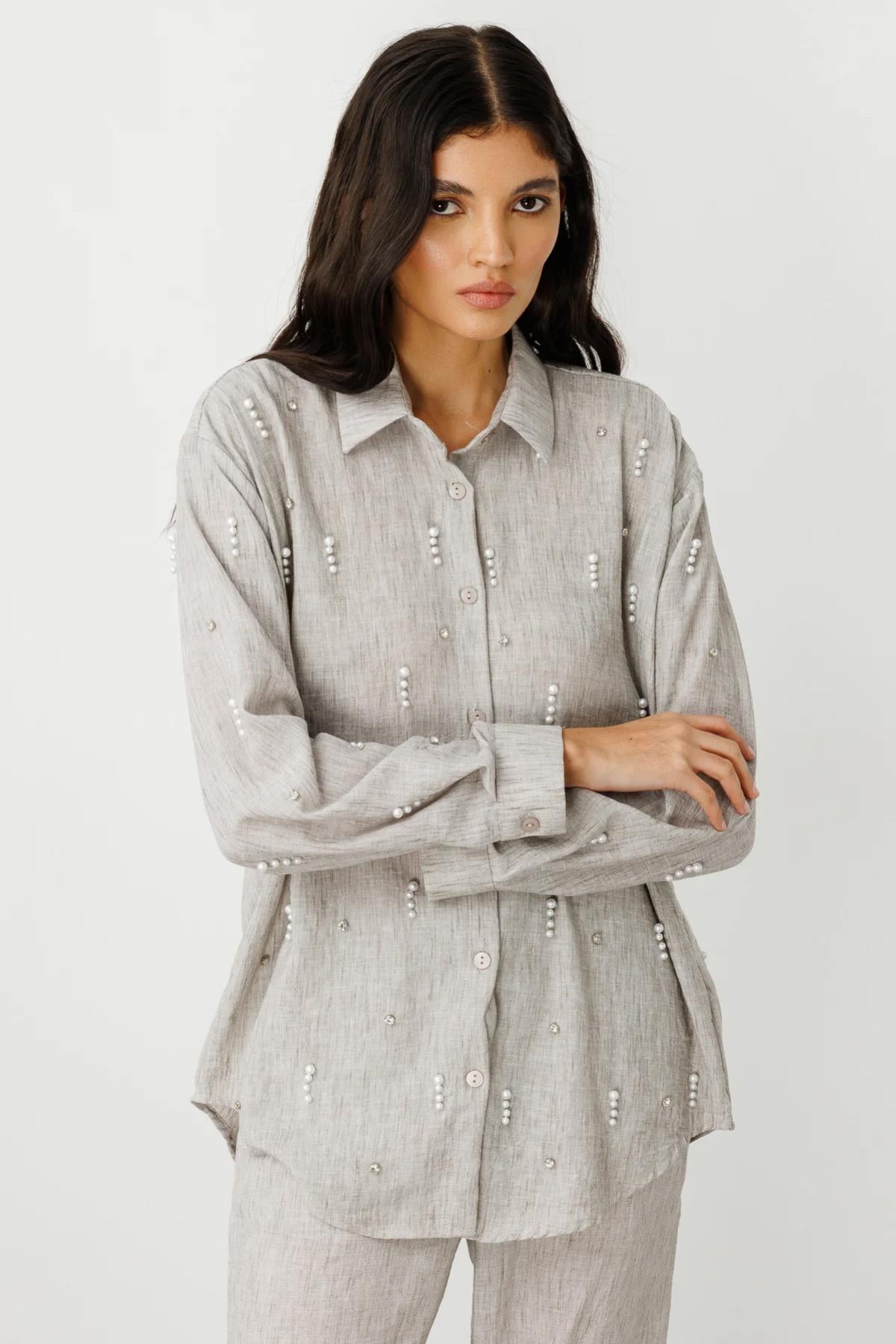 Önü İncili Oversize Gömlek