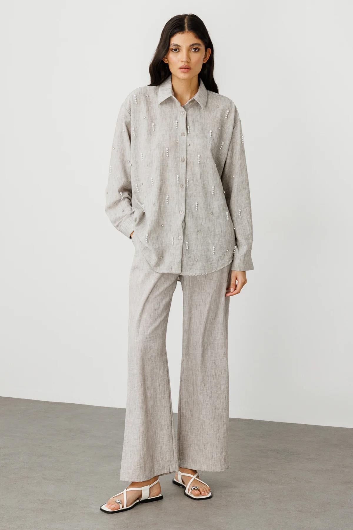 Önü İncili Oversize Gömlek