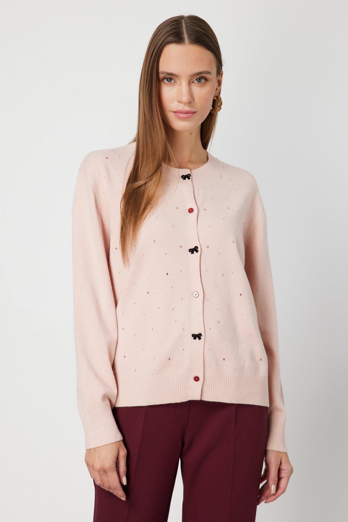 Taş Detaylı Sıfır Yaka Triko Hırka