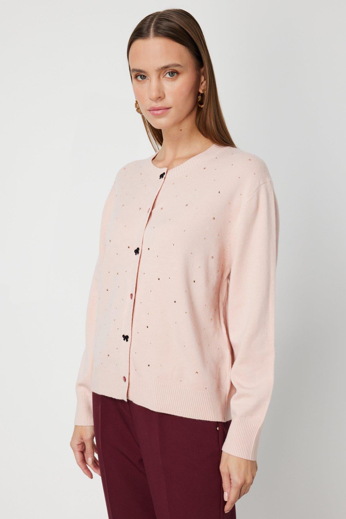 Taş Detaylı Sıfır Yaka Triko Hırka