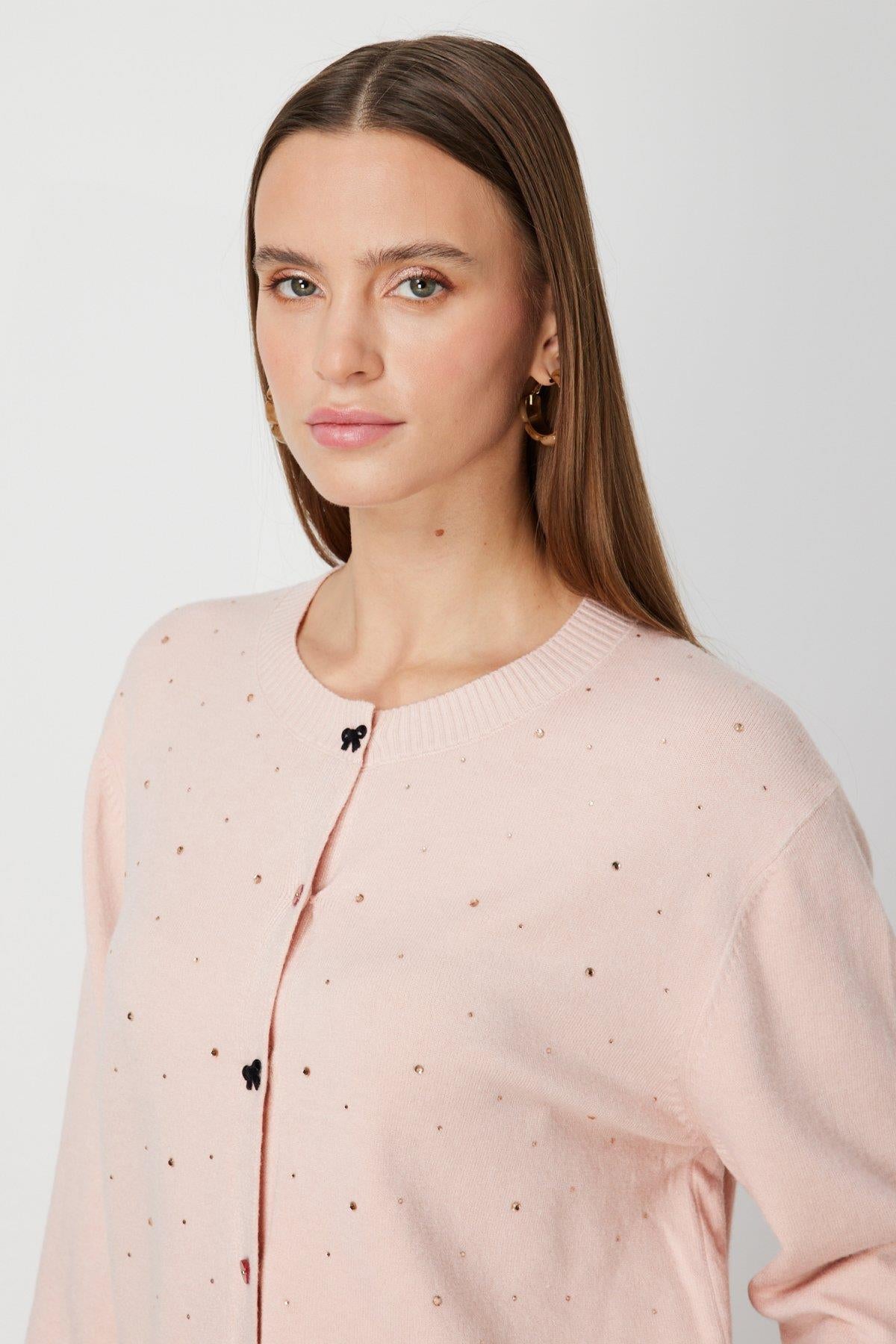 Taş Detaylı Sıfır Yaka Triko Hırka