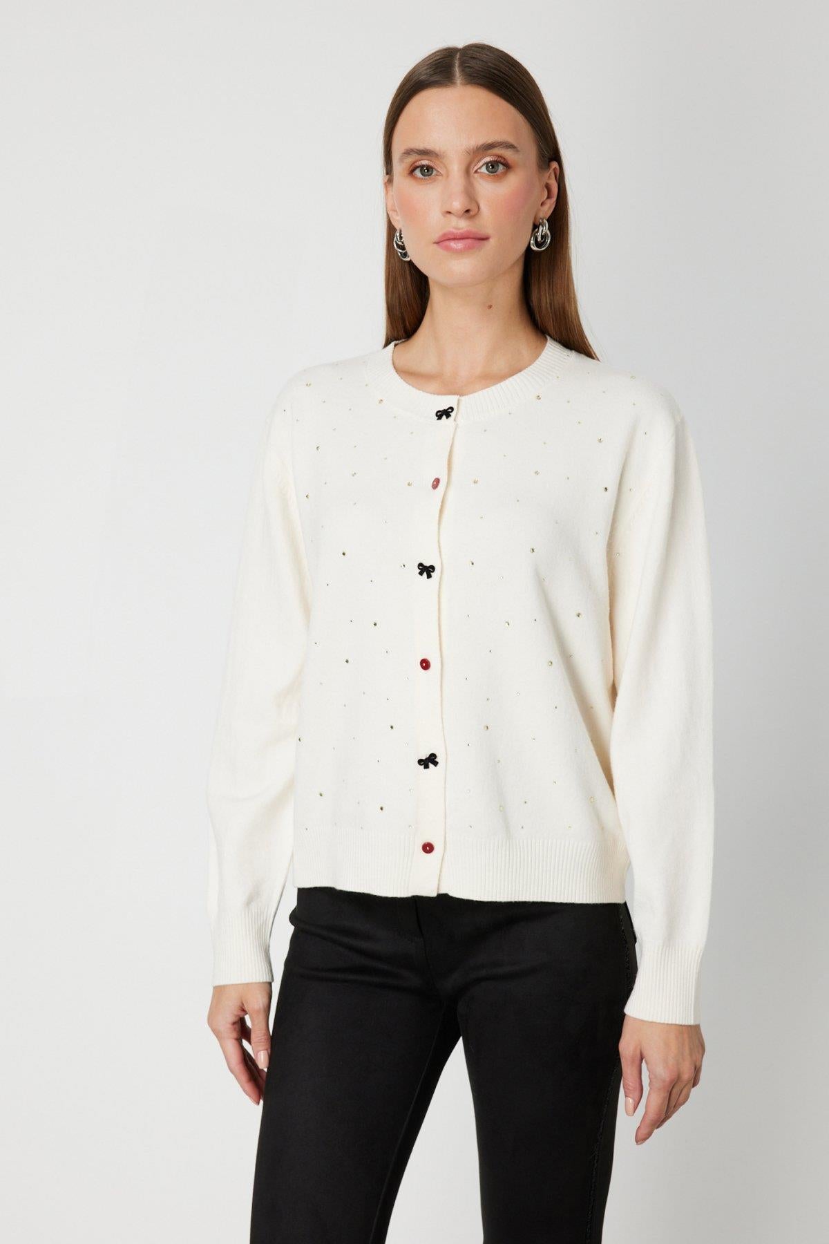 Taş Detaylı Sıfır Yaka Triko Hırka