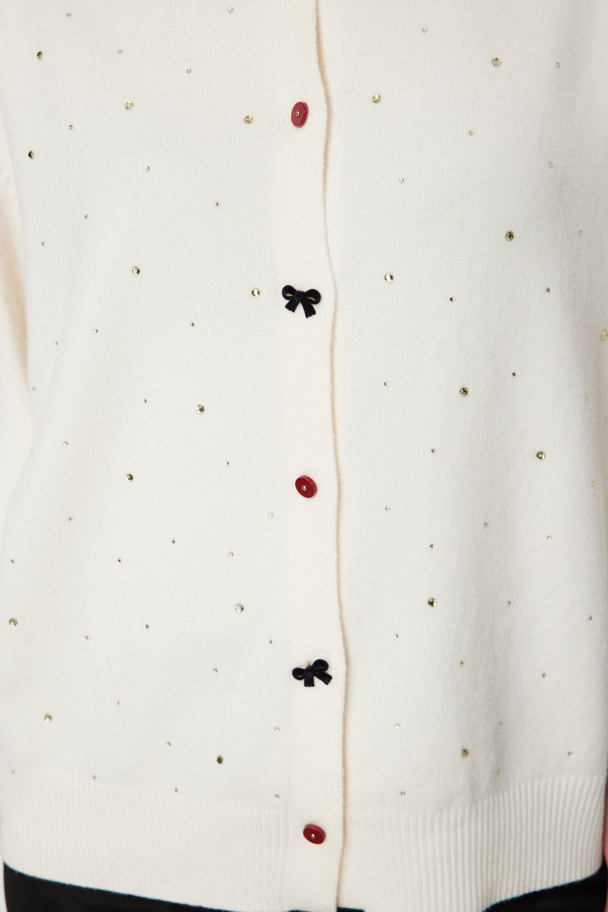 Taş Detaylı Sıfır Yaka Triko Hırka