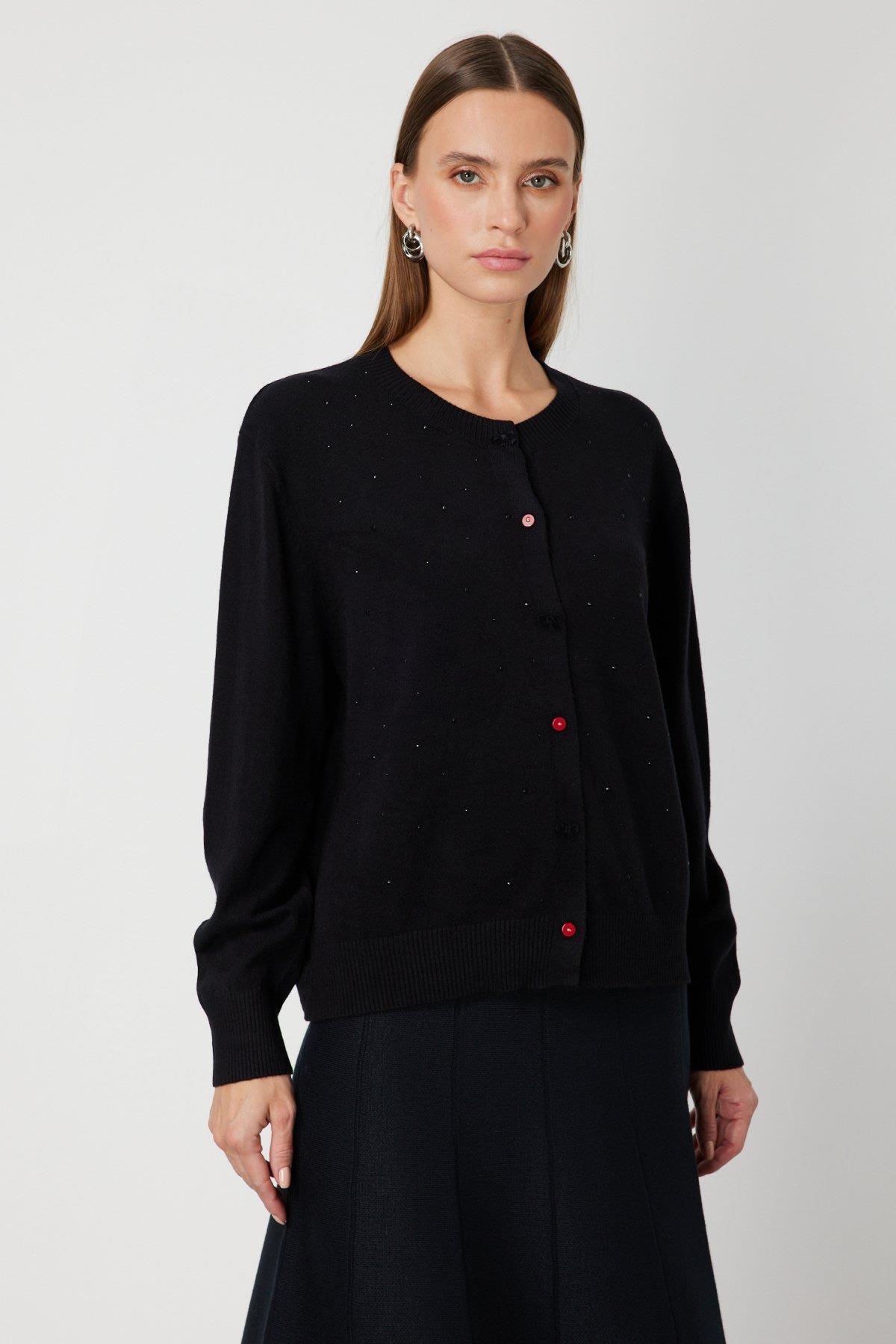 Taş Detaylı Sıfır Yaka Triko Hırka