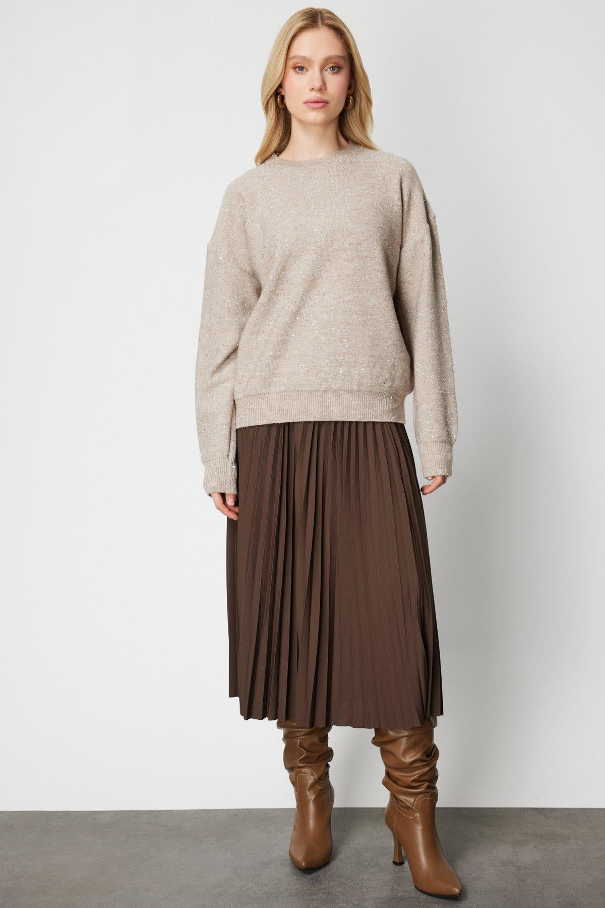 Sıfır Yaka Simli Triko Kazak