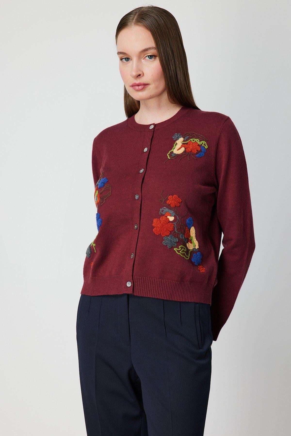 Renkli Çiçek İşlemeli Triko Hırka