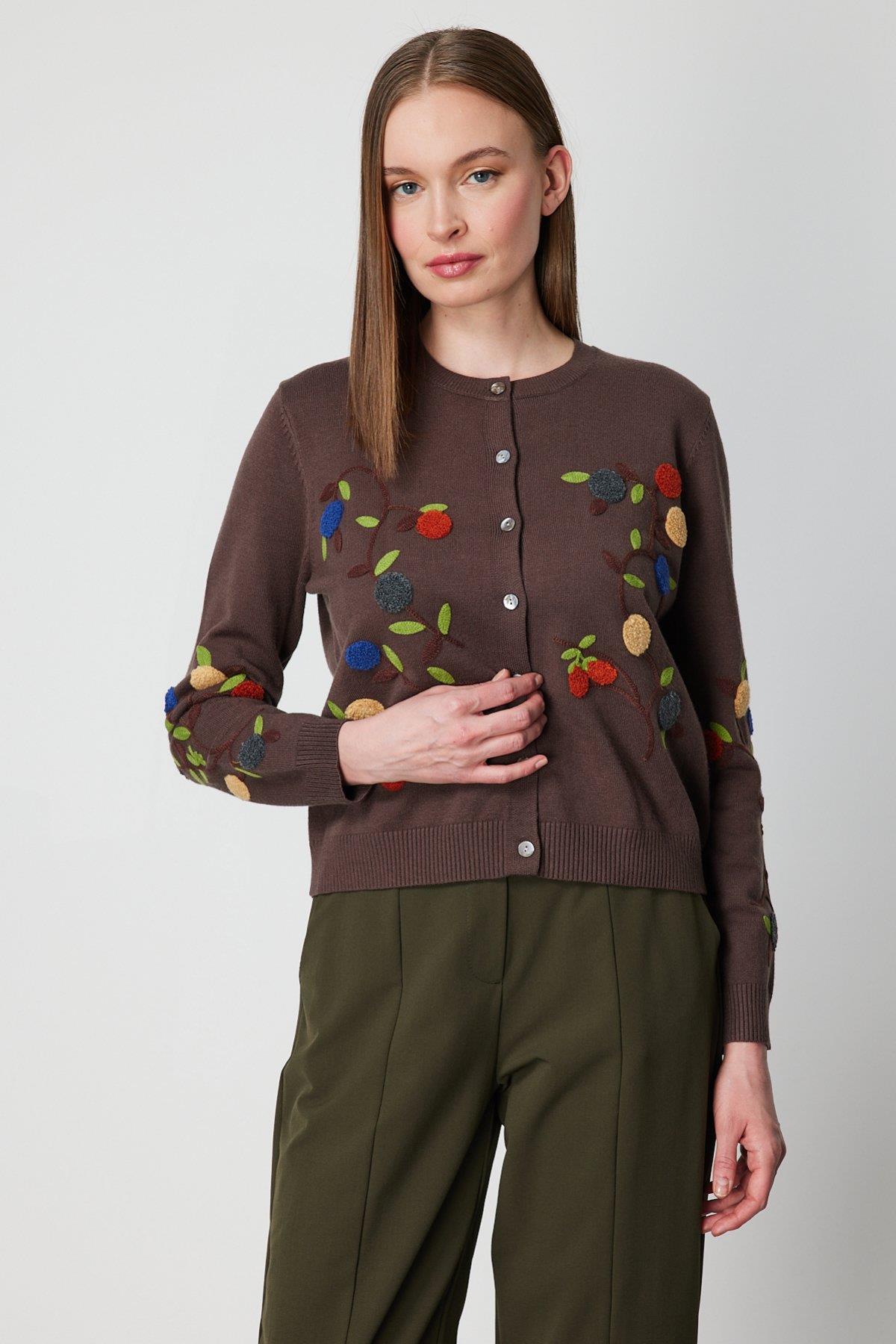 Sıfır Yaka İşlemeli Triko Hırka