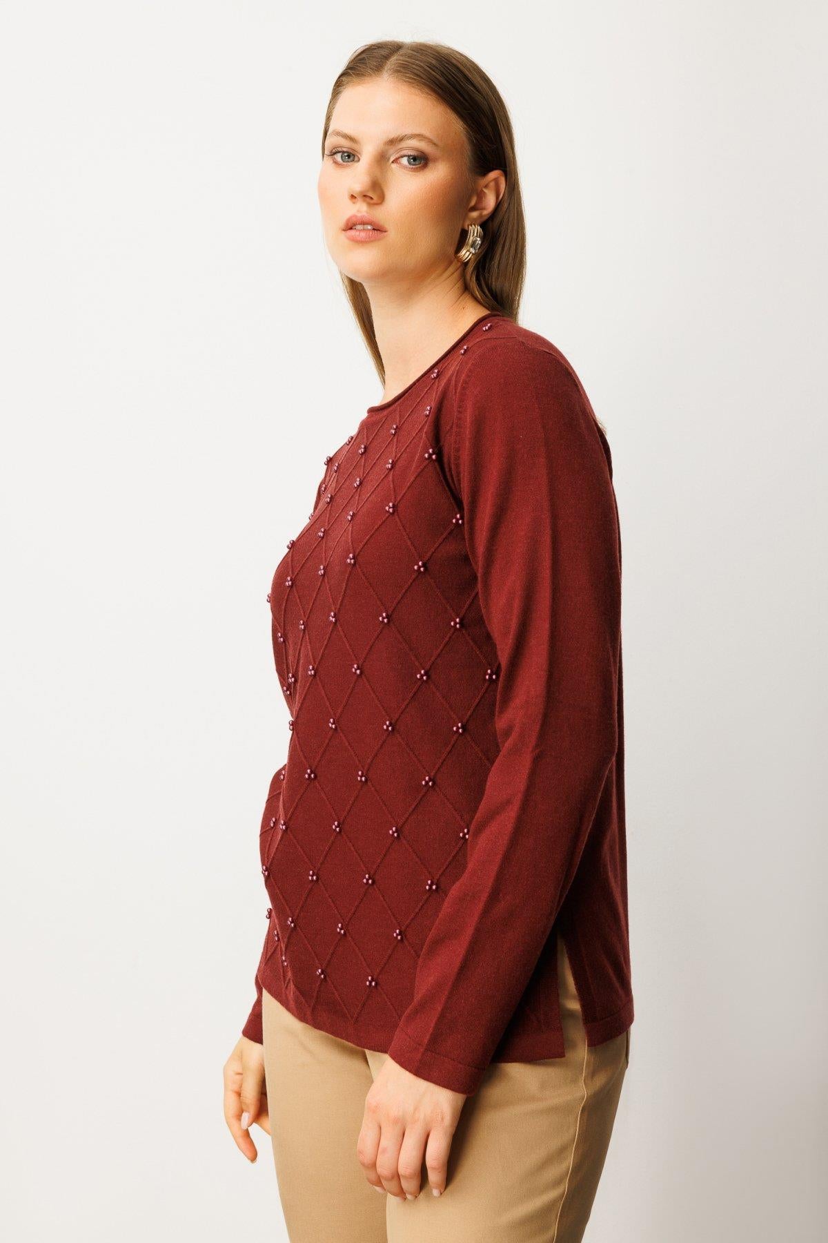 Sıfır Yaka Boncuk Detaylı Triko Büyük Beden Kazak