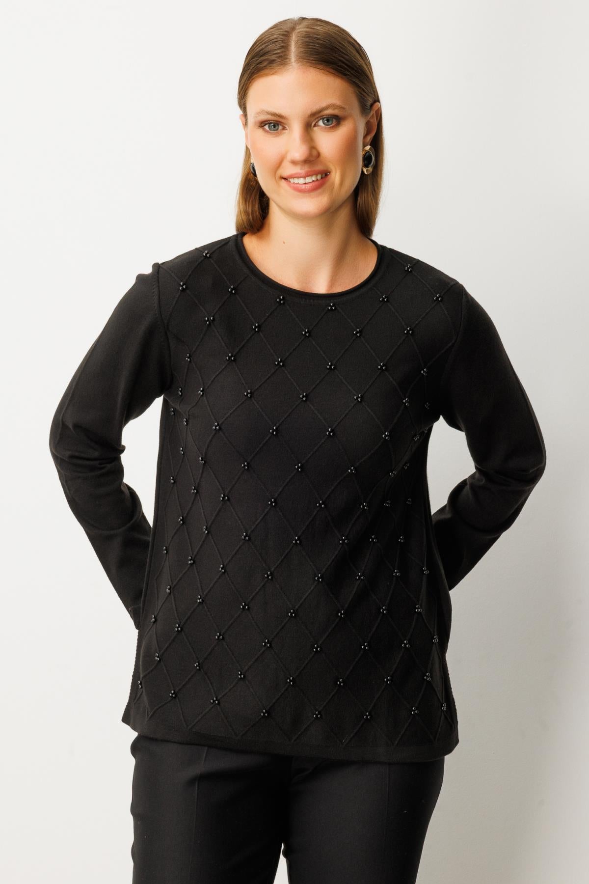 Sıfır Yaka Boncuk Detaylı Triko Büyük Beden Kazak