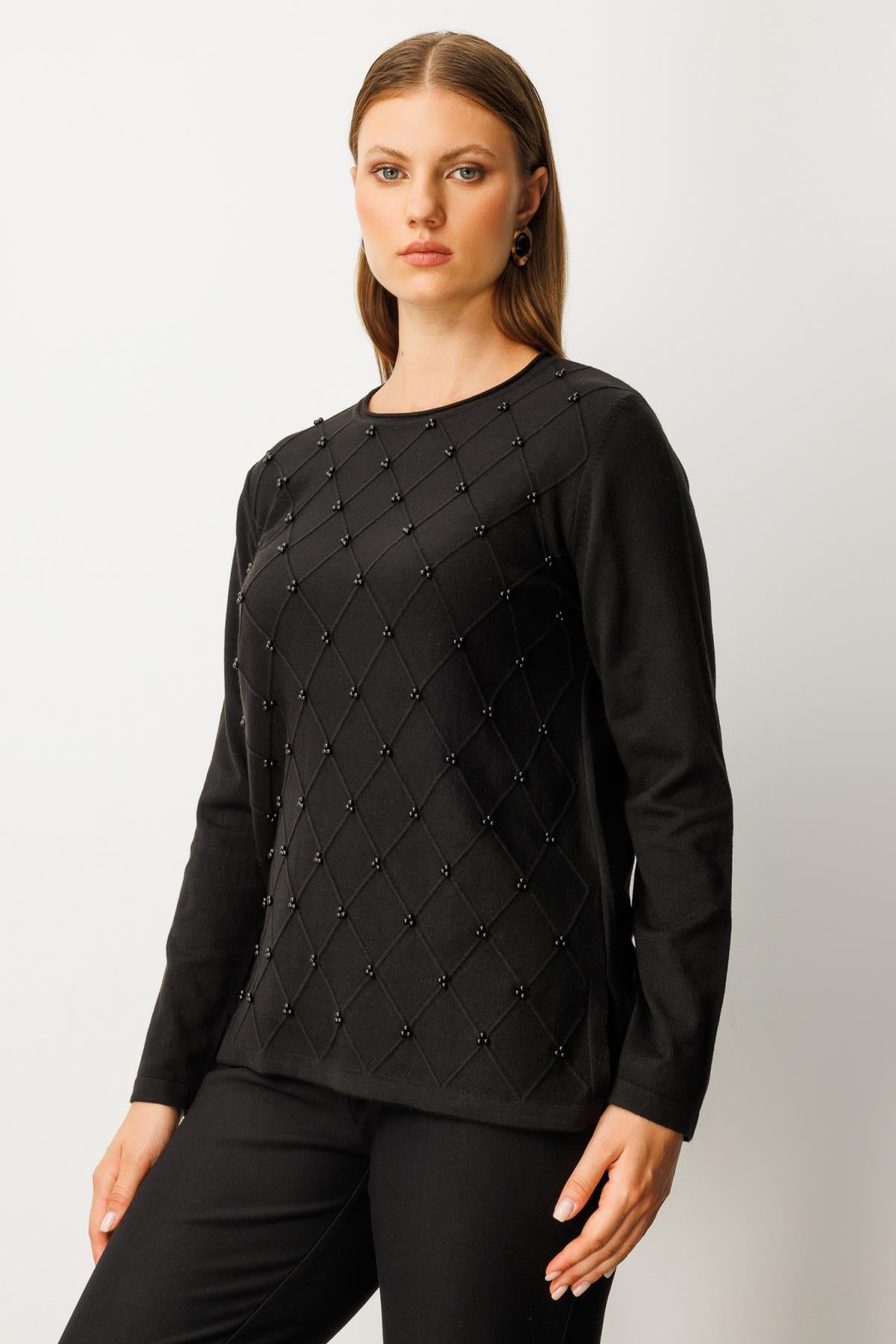 Sıfır Yaka Boncuk Detaylı Triko Büyük Beden Kazak