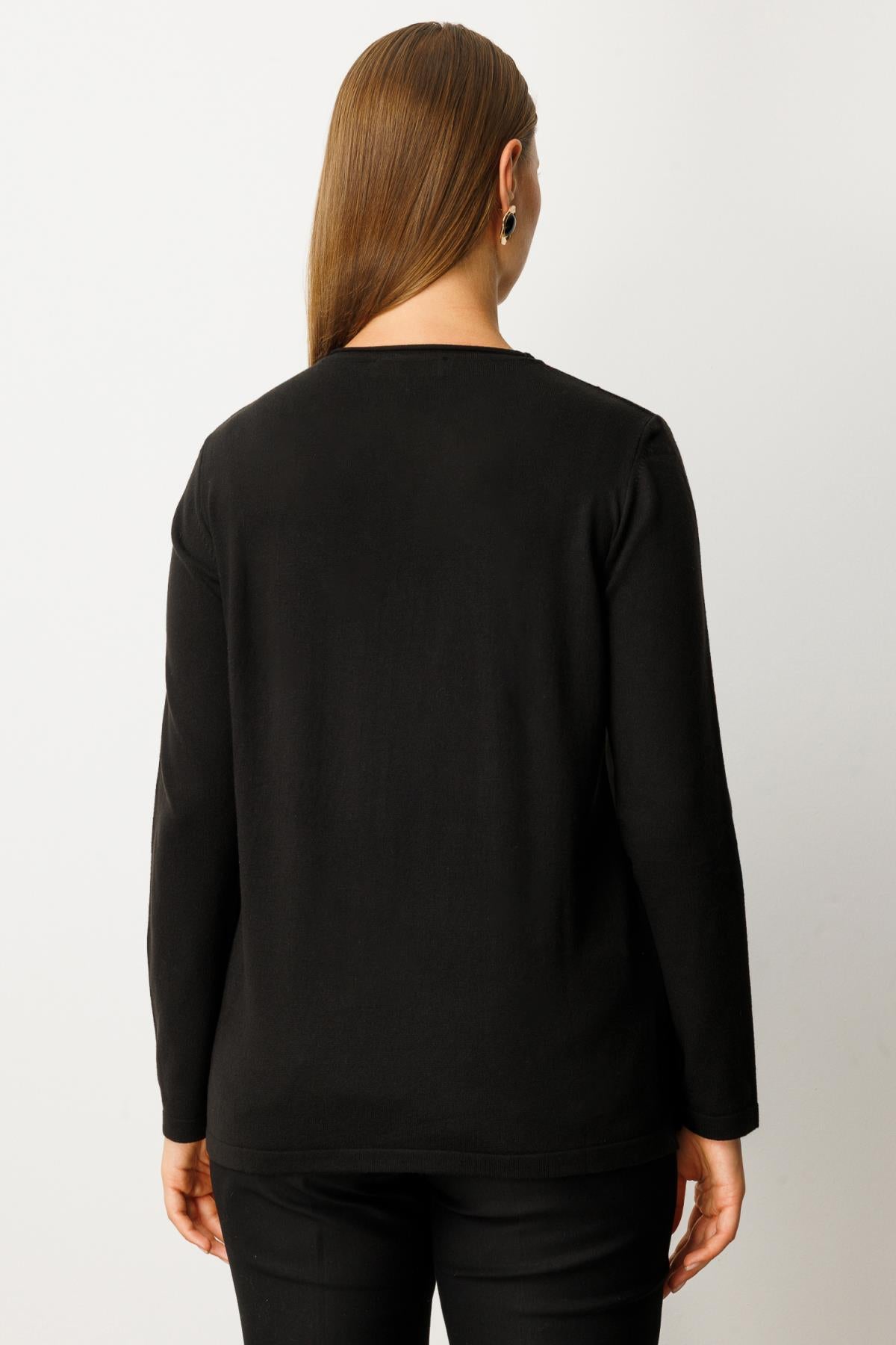 Sıfır Yaka Boncuk Detaylı Triko Büyük Beden Kazak