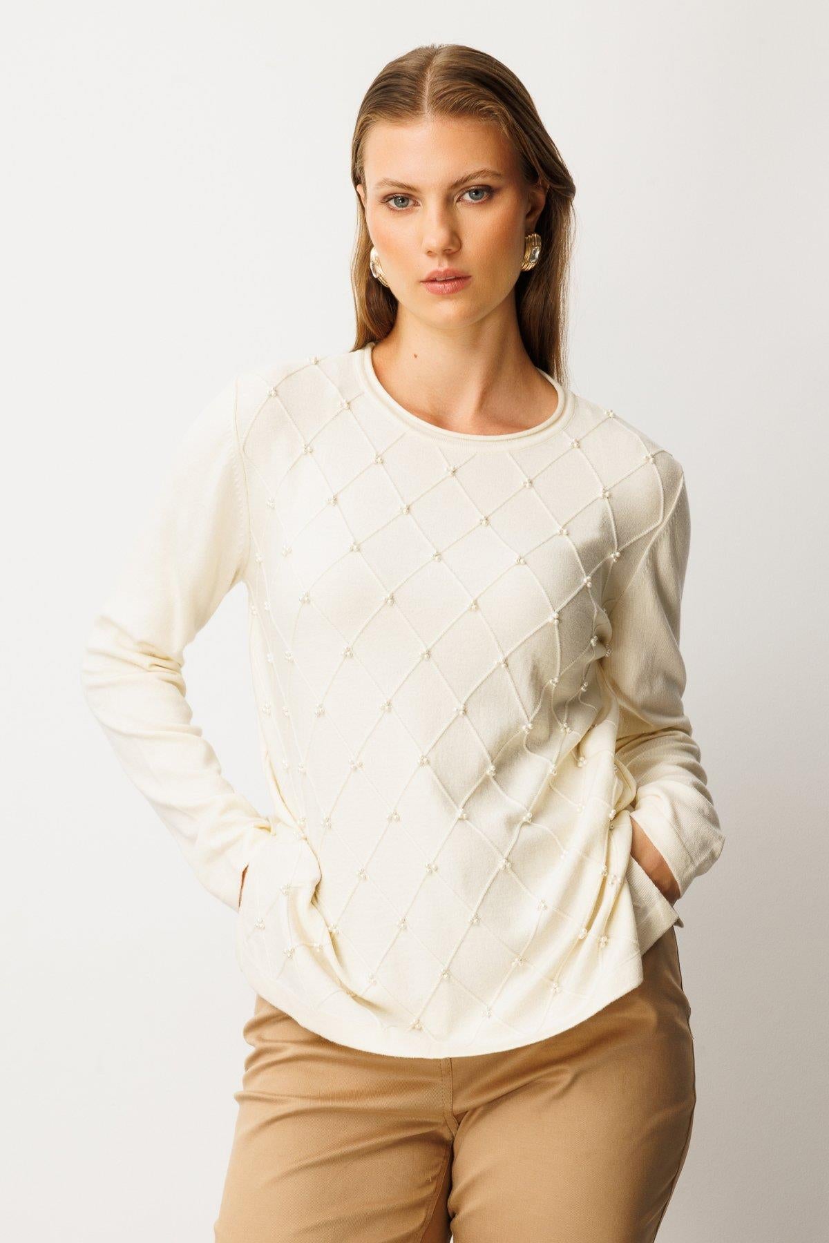 Sıfır Yaka Boncuk Detaylı Triko Büyük Beden Kazak