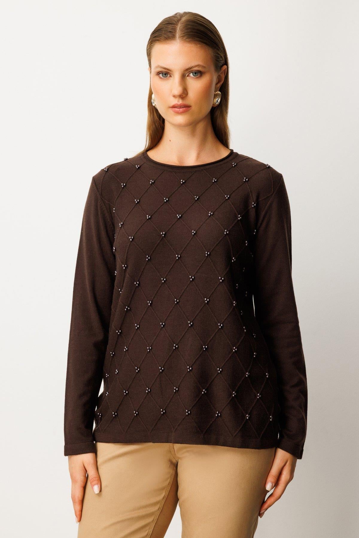 Sıfır Yaka Boncuk Detaylı Triko Büyük Beden Kazak