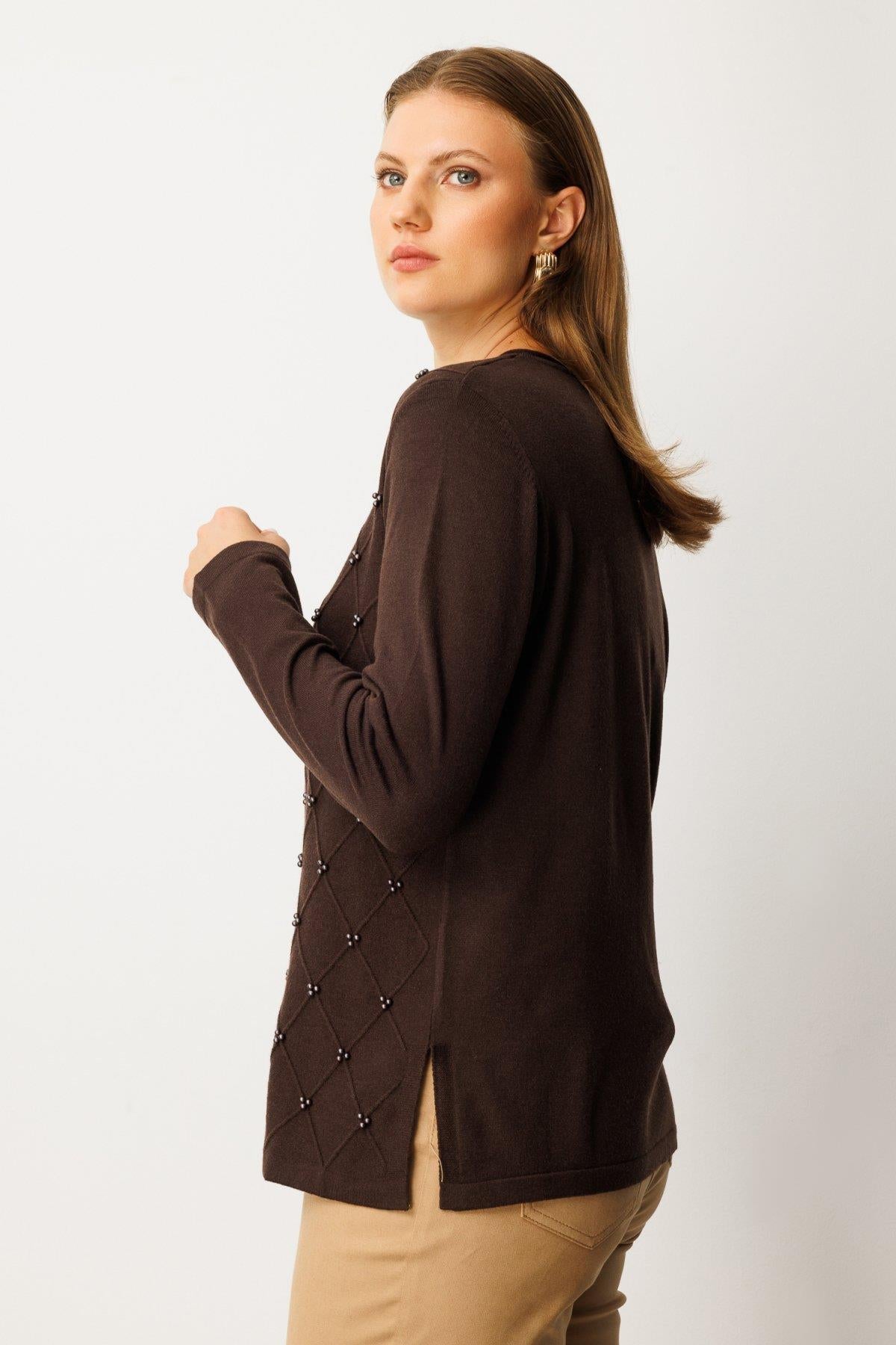 Sıfır Yaka Boncuk Detaylı Triko Büyük Beden Kazak