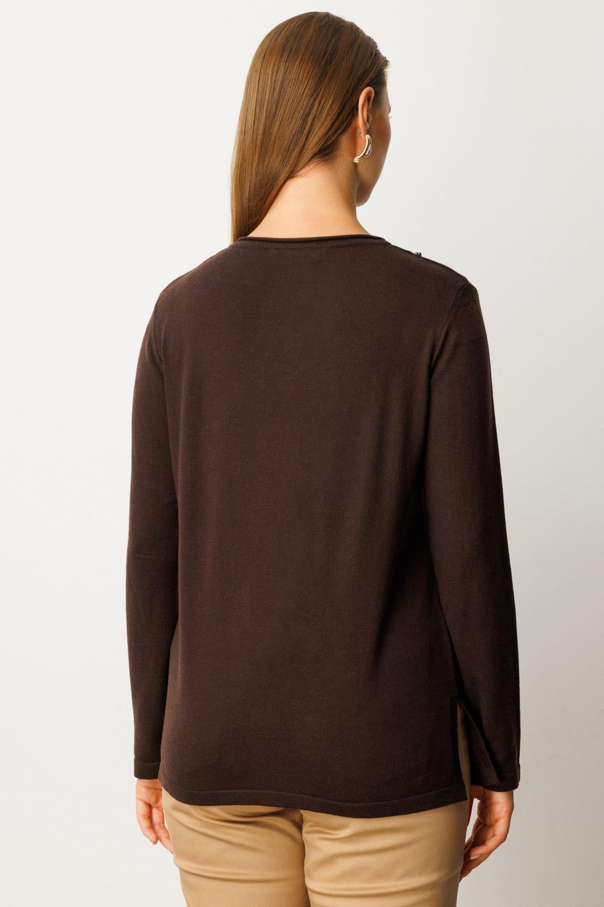 Sıfır Yaka Boncuk Detaylı Triko Büyük Beden Kazak