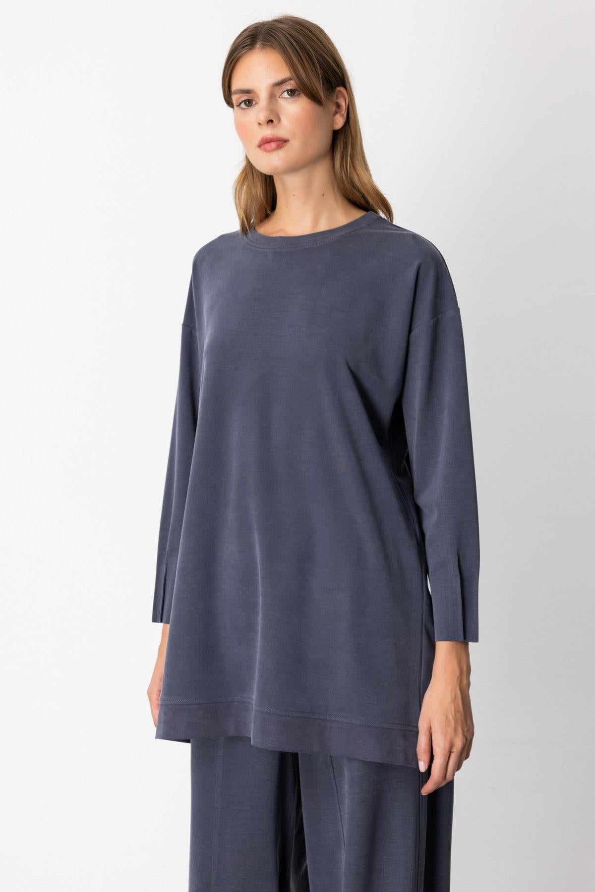 Sıfır Yaka Kolları Dikiş Detaylı Tunik