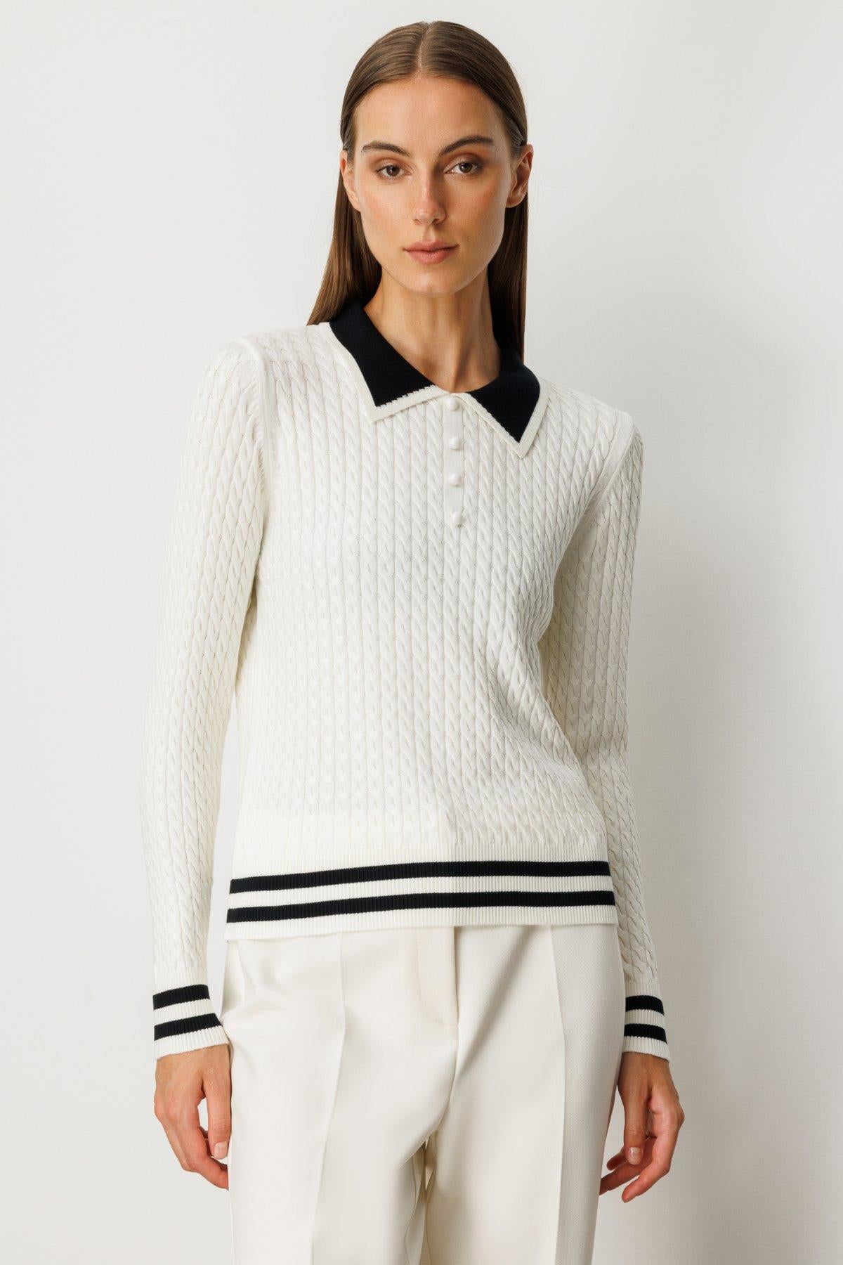 Polo Yaka Örgü Desenli Triko Kazak