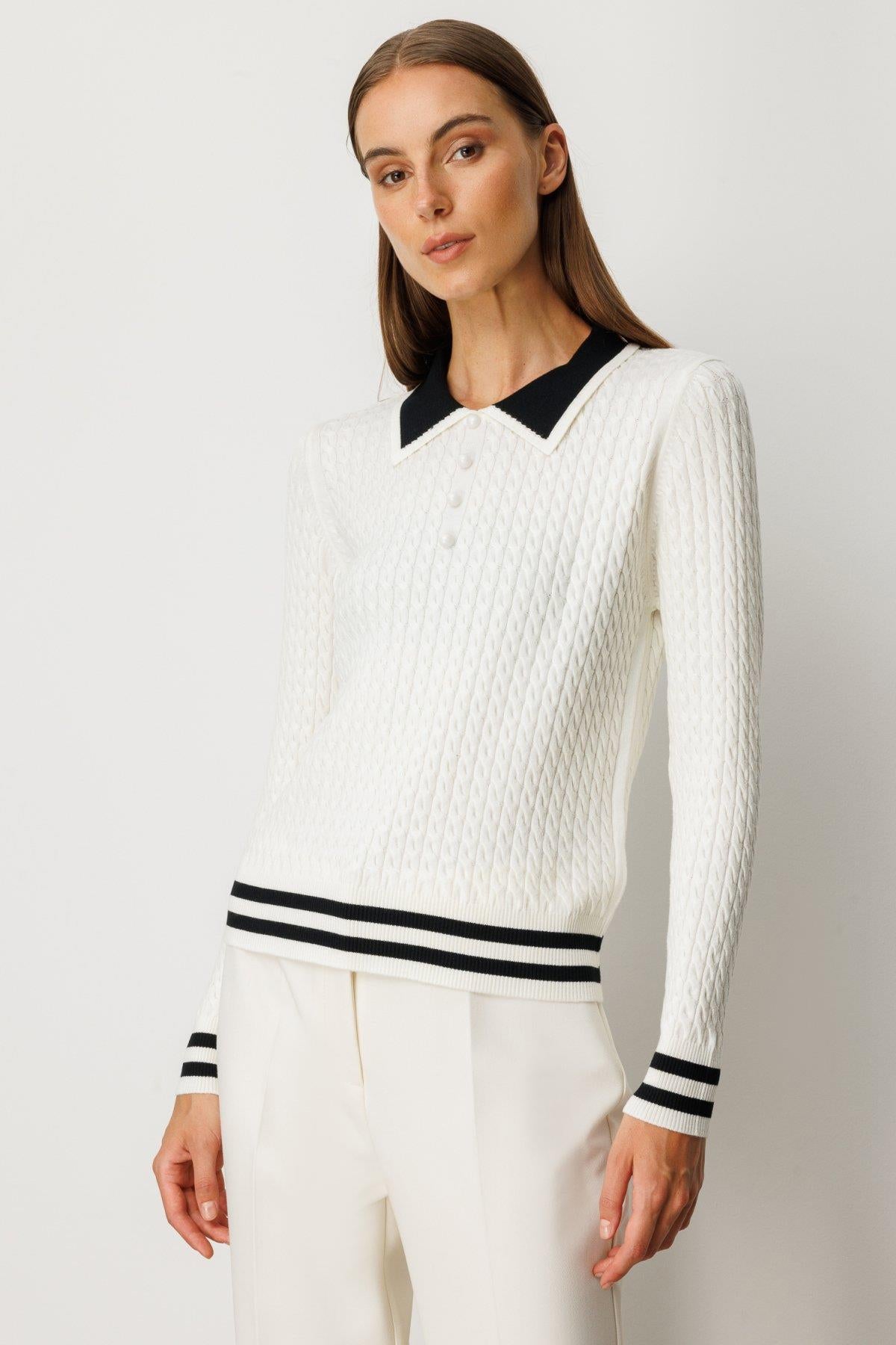 Polo Yaka Örgü Desenli Triko Kazak