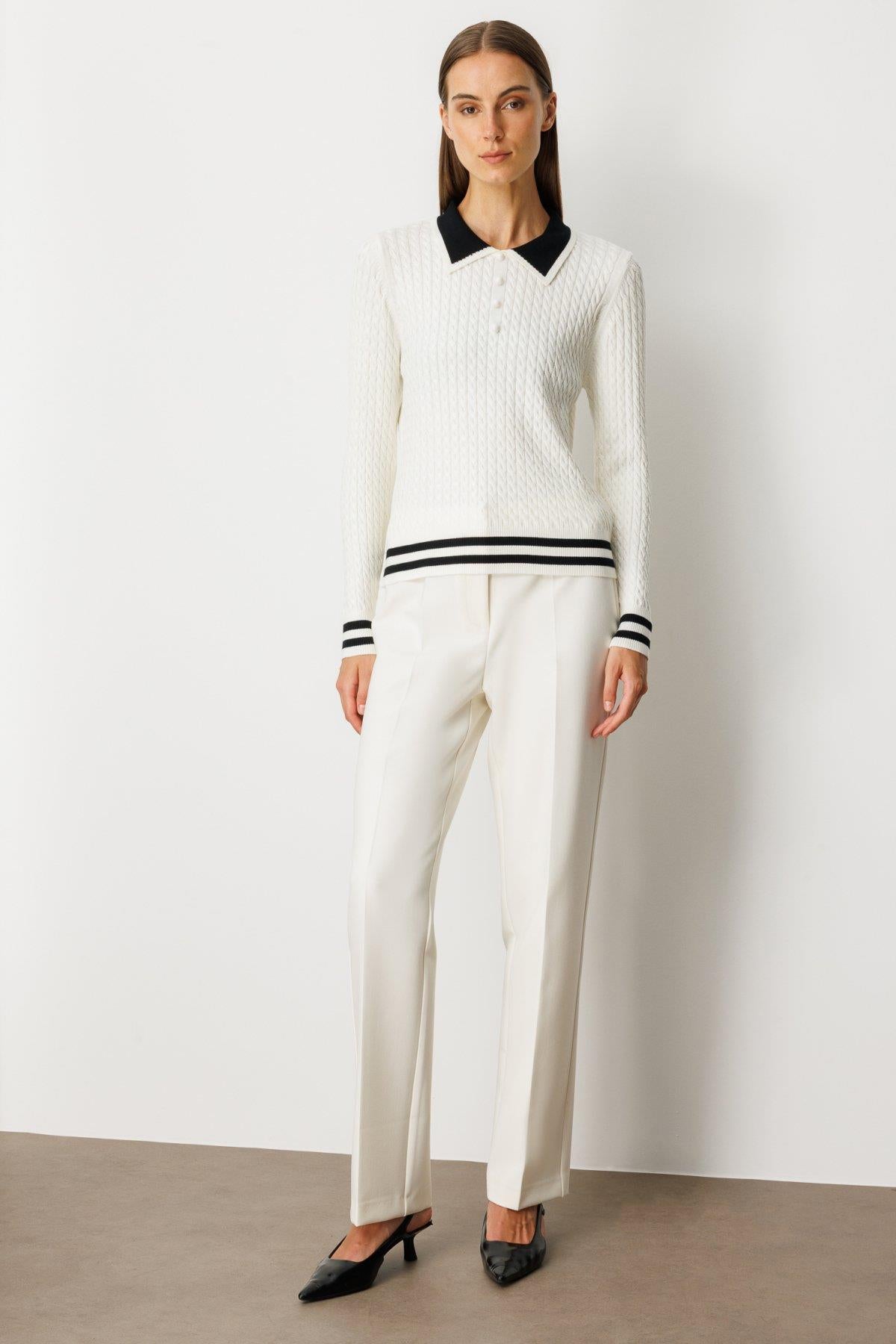 Polo Yaka Örgü Desenli Triko Kazak