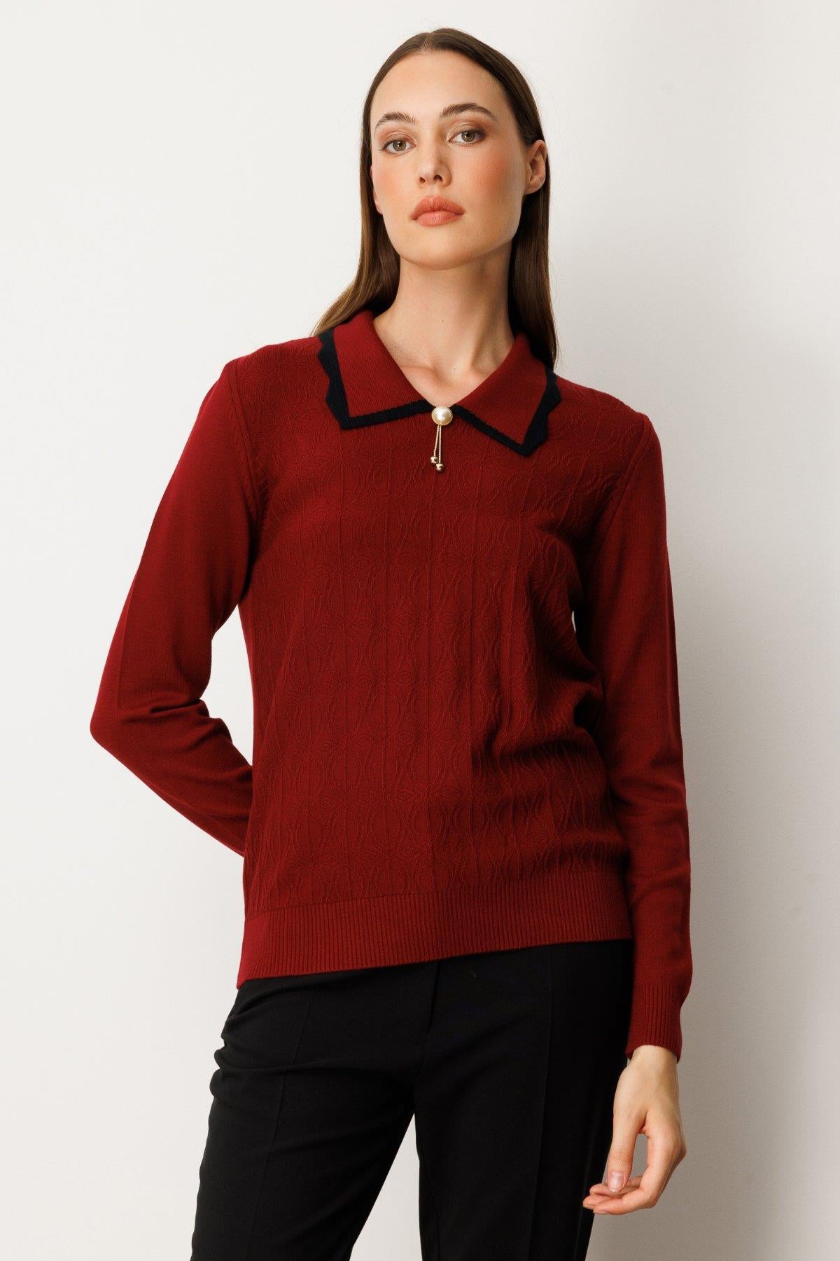 Gömlek Yaka Aksesuar Detaylı Triko Kazak