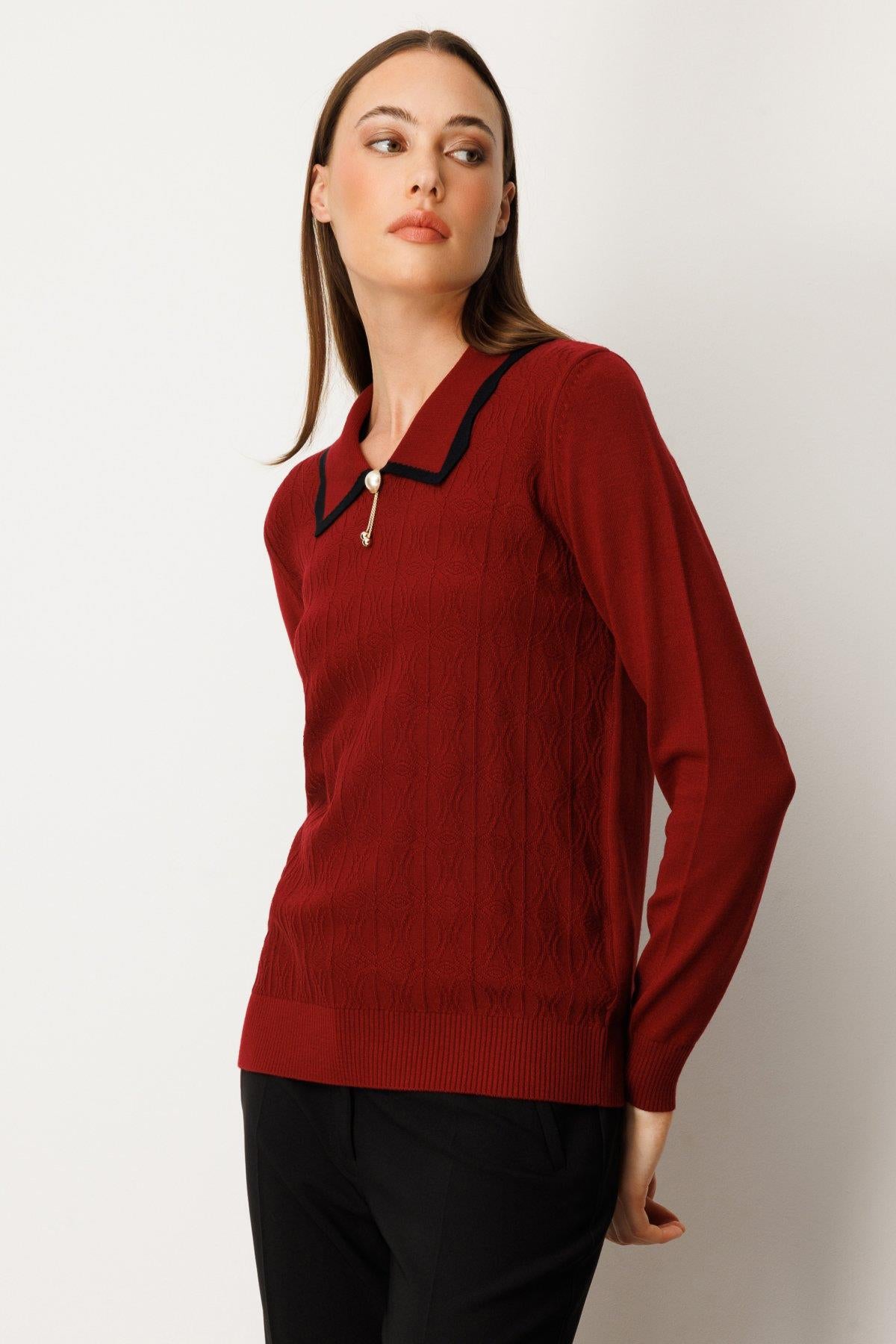 Gömlek Yaka Aksesuar Detaylı Triko Kazak