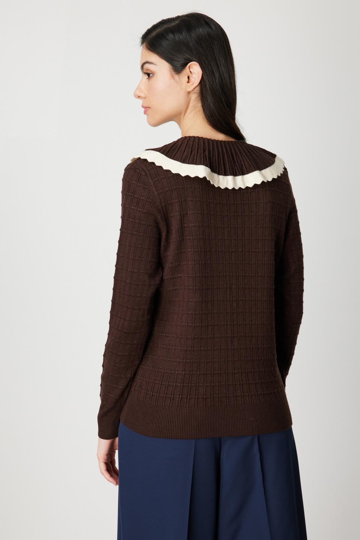 Yakası Aksesuarlı Düğmeli Triko Kazak