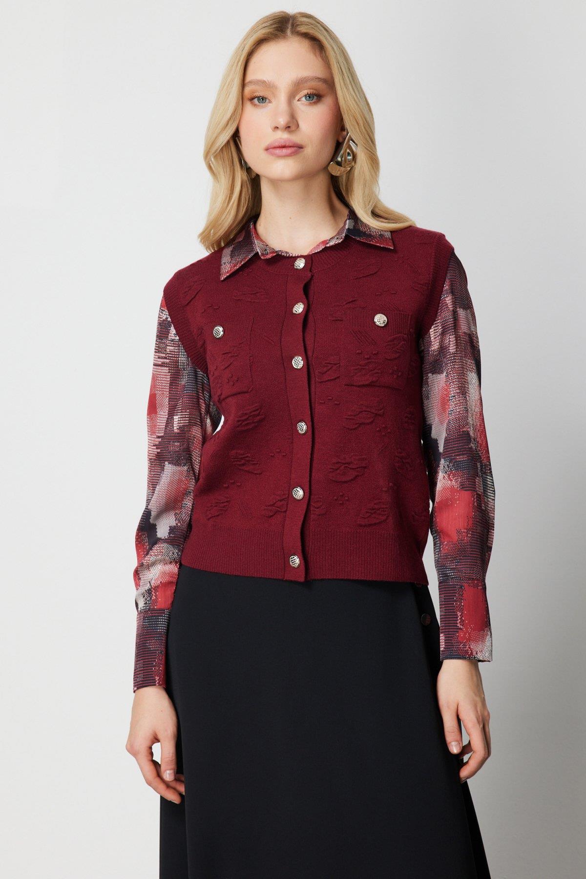 Sıfır Yaka Kabartma Desenli Triko Yelek