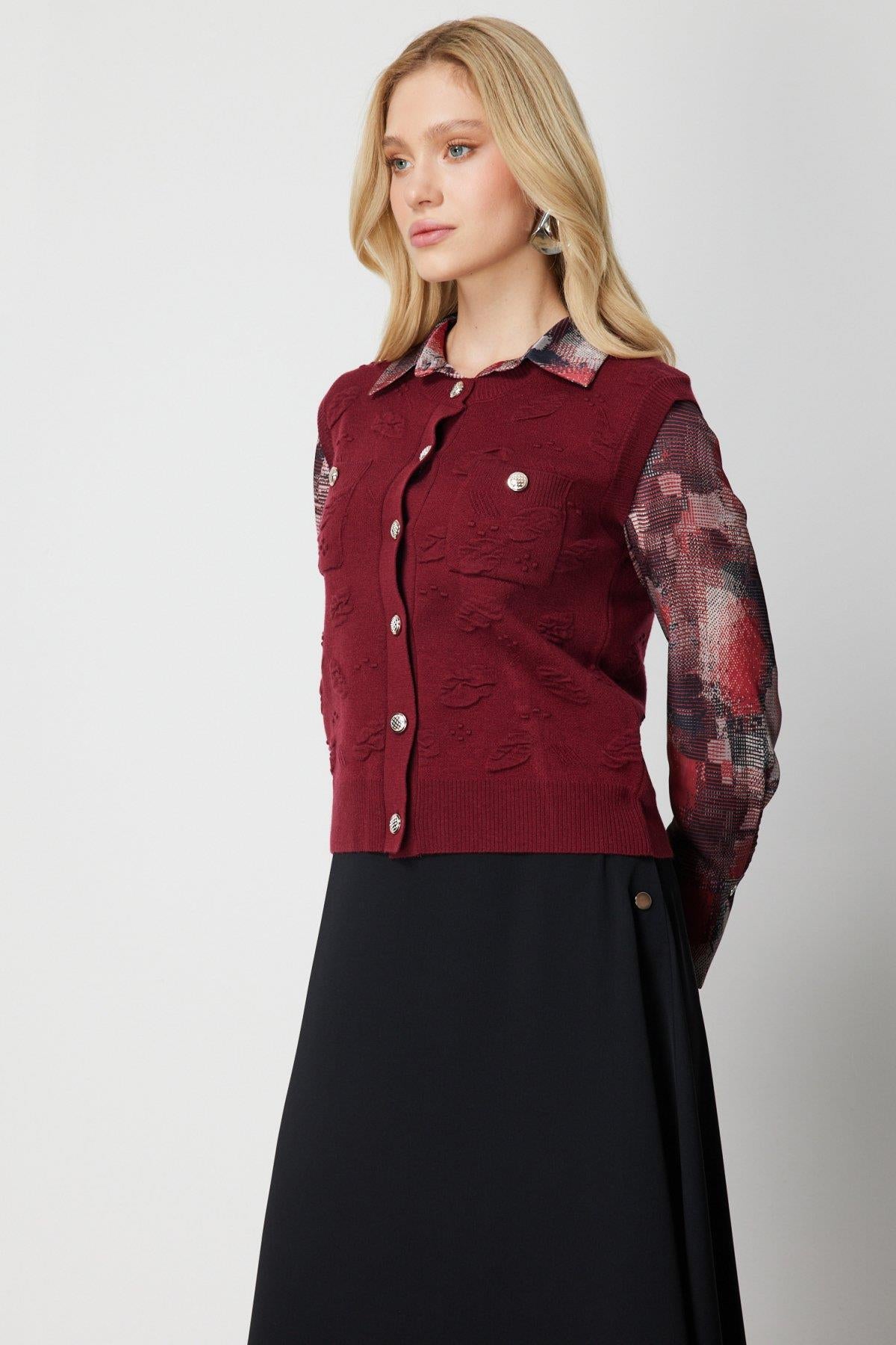 Sıfır Yaka Kabartma Desenli Triko Yelek