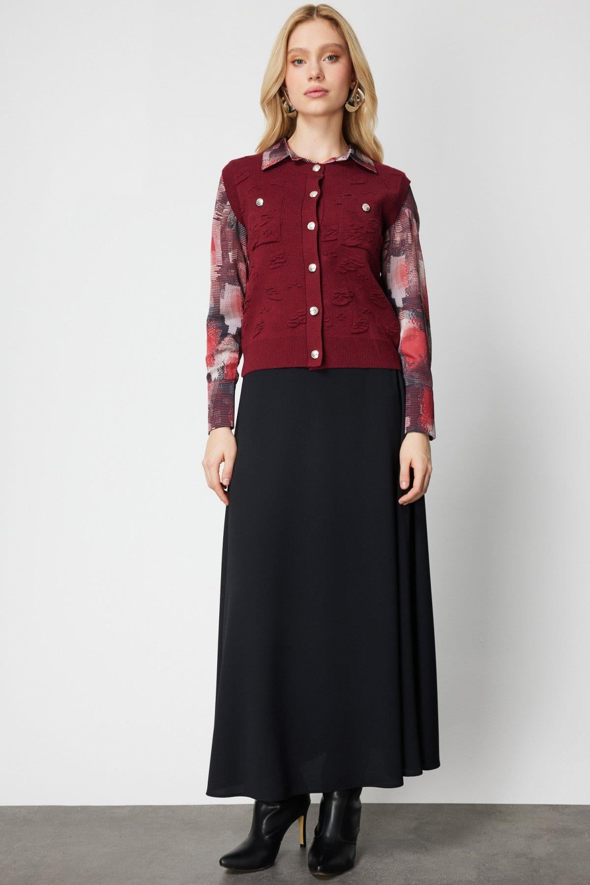 Sıfır Yaka Kabartma Desenli Triko Yelek