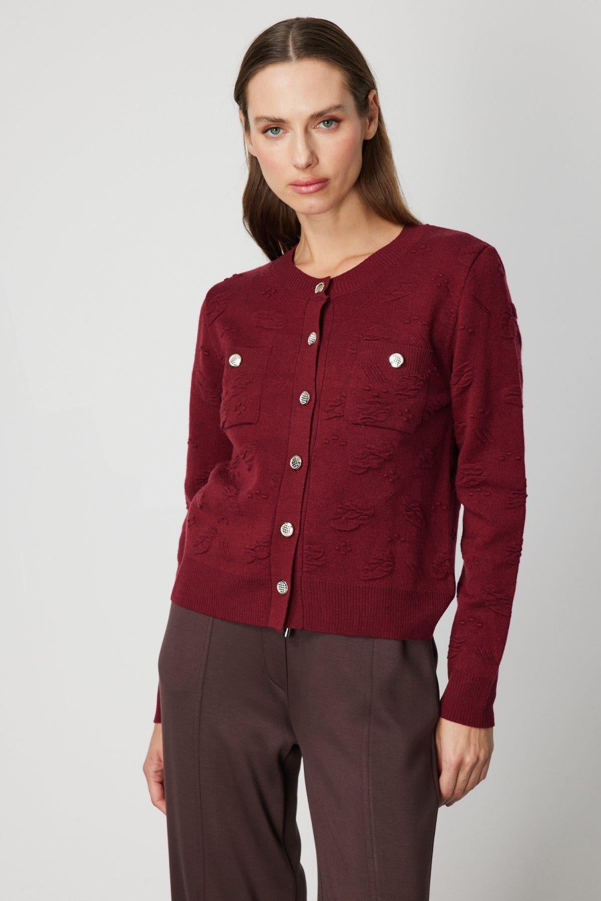 Triko Kabartma Desenli Sıfır Yaka Hırka