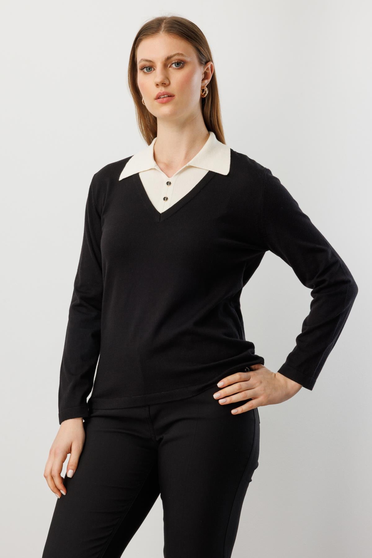 Gömlek Yaka Süs Düğmeli Triko Kazak