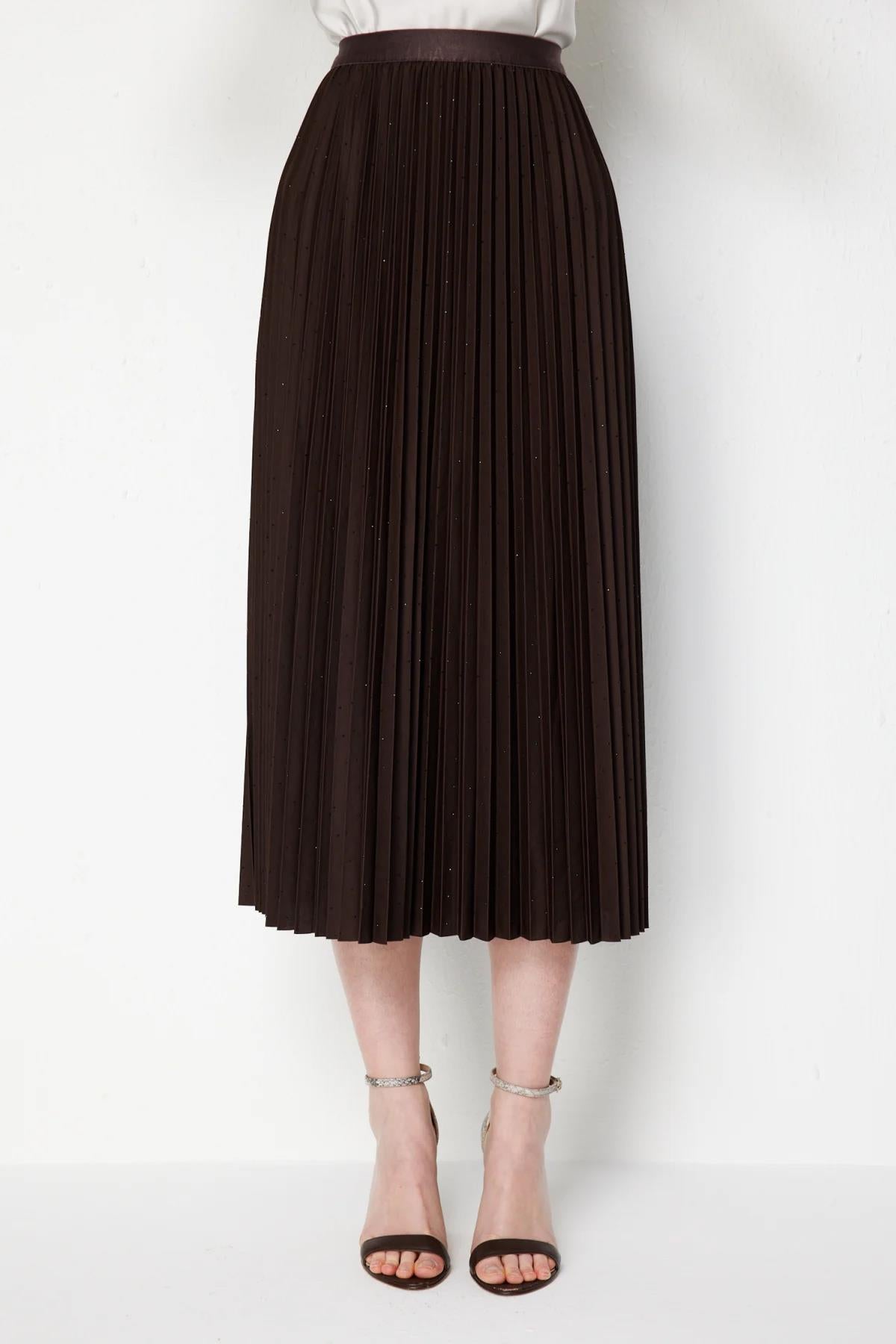 Stone Detailed Pleated Midi Skirt