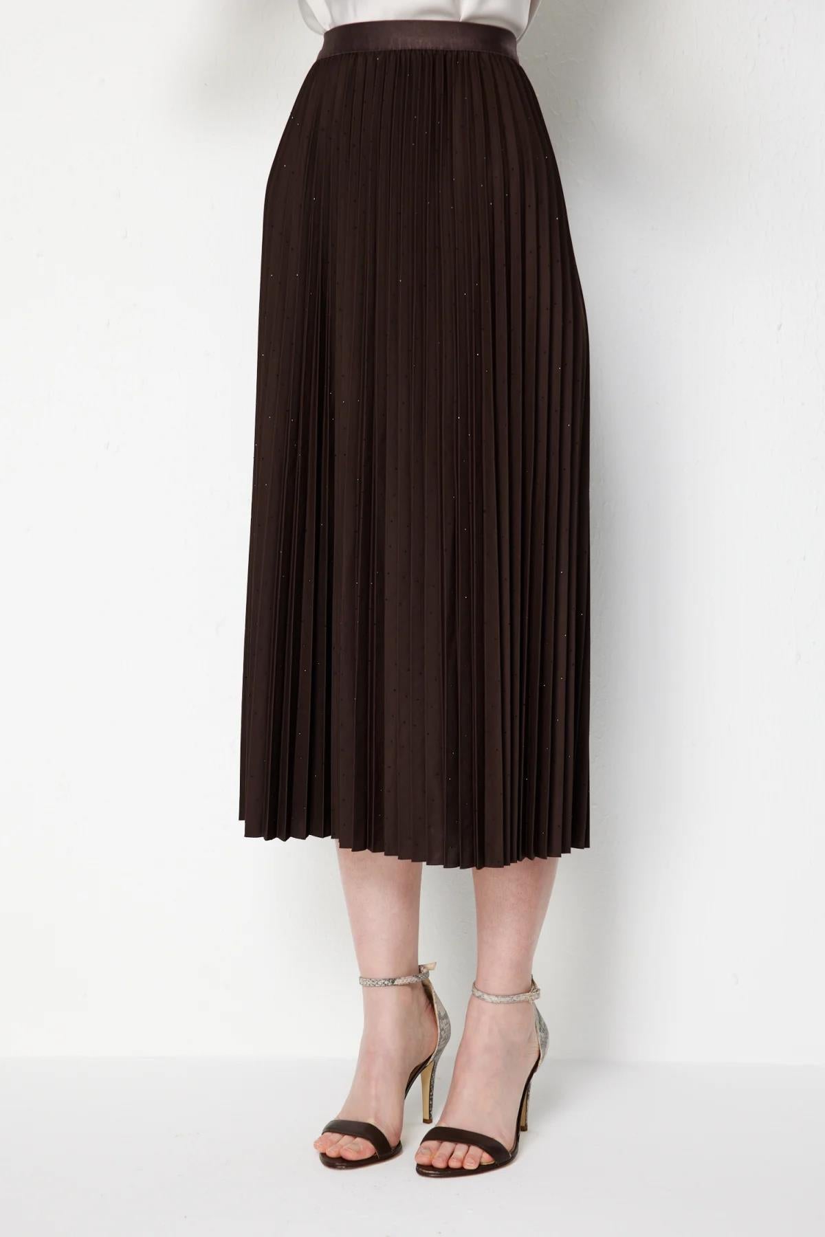 Stone Detailed Pleated Midi Skirt